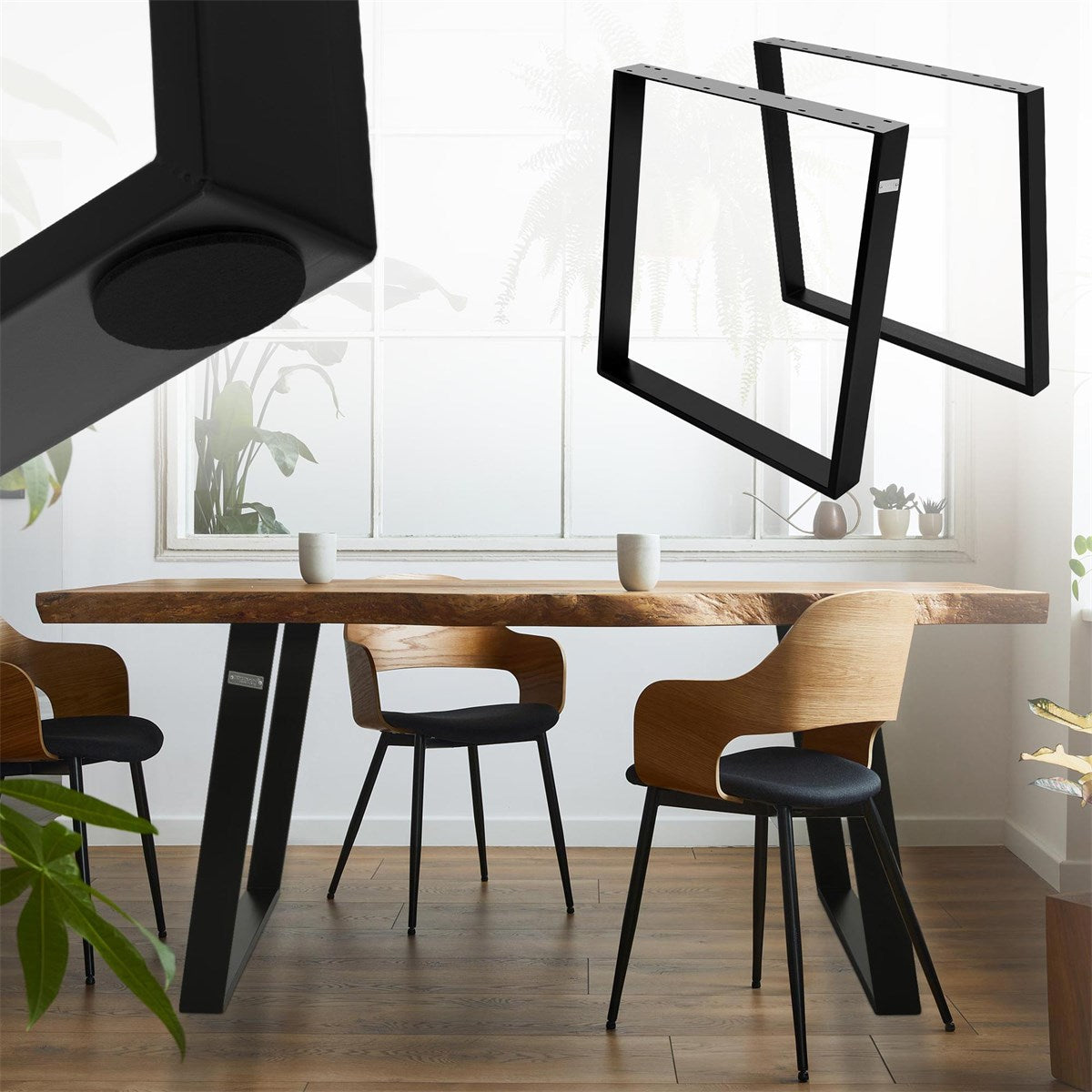 Decoração moderna com uma mesa e cadeiras numa sala luminosa.