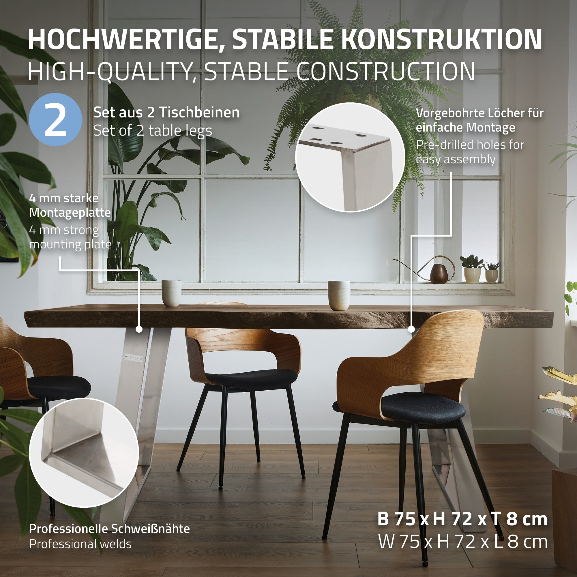 Tisch mit stabiler Konstruktion, vorgebohrten Löchern und Maßen.