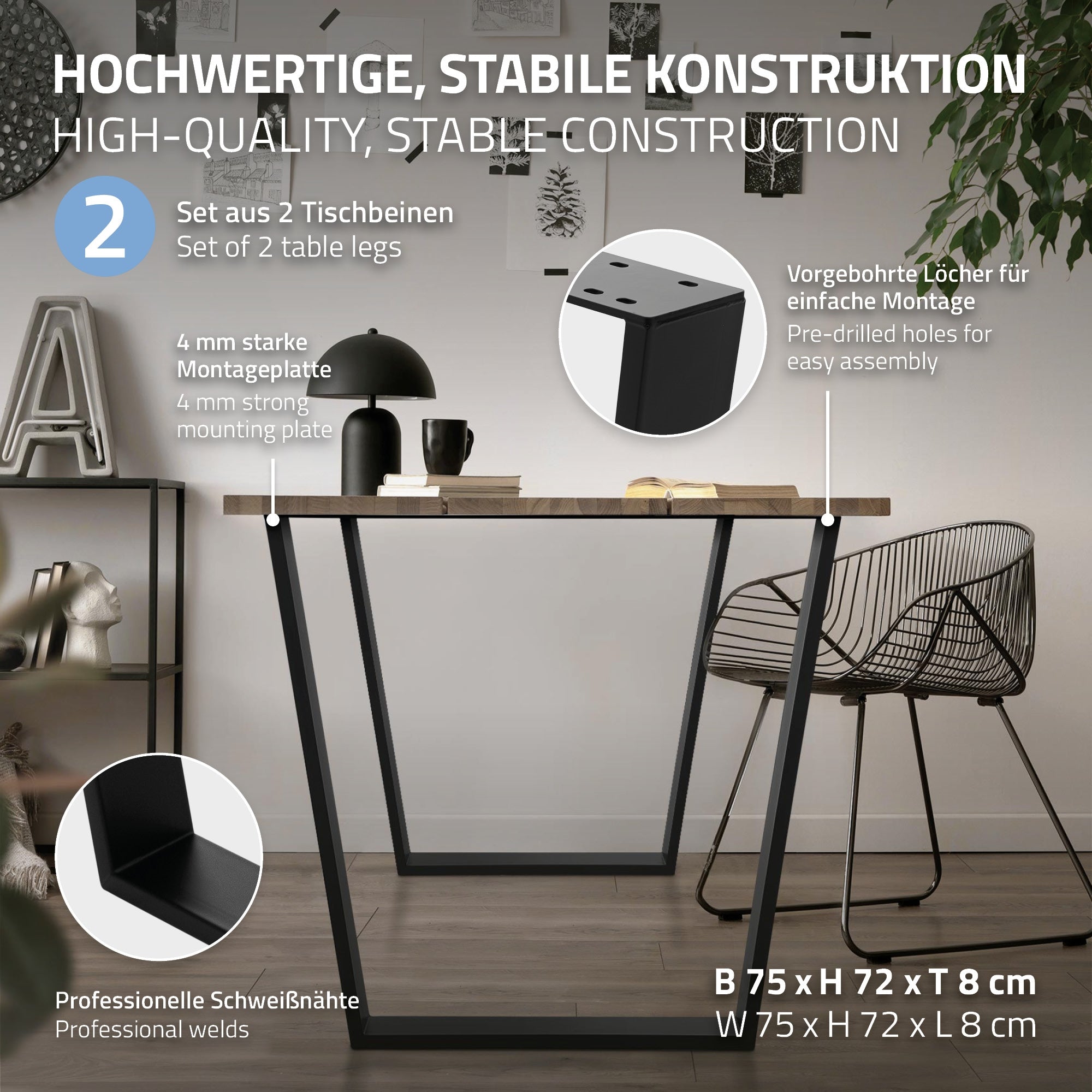 Ein Tisch mit Holzoberfläche und Metallgestell, Montagehinweise sind sichtbar.
