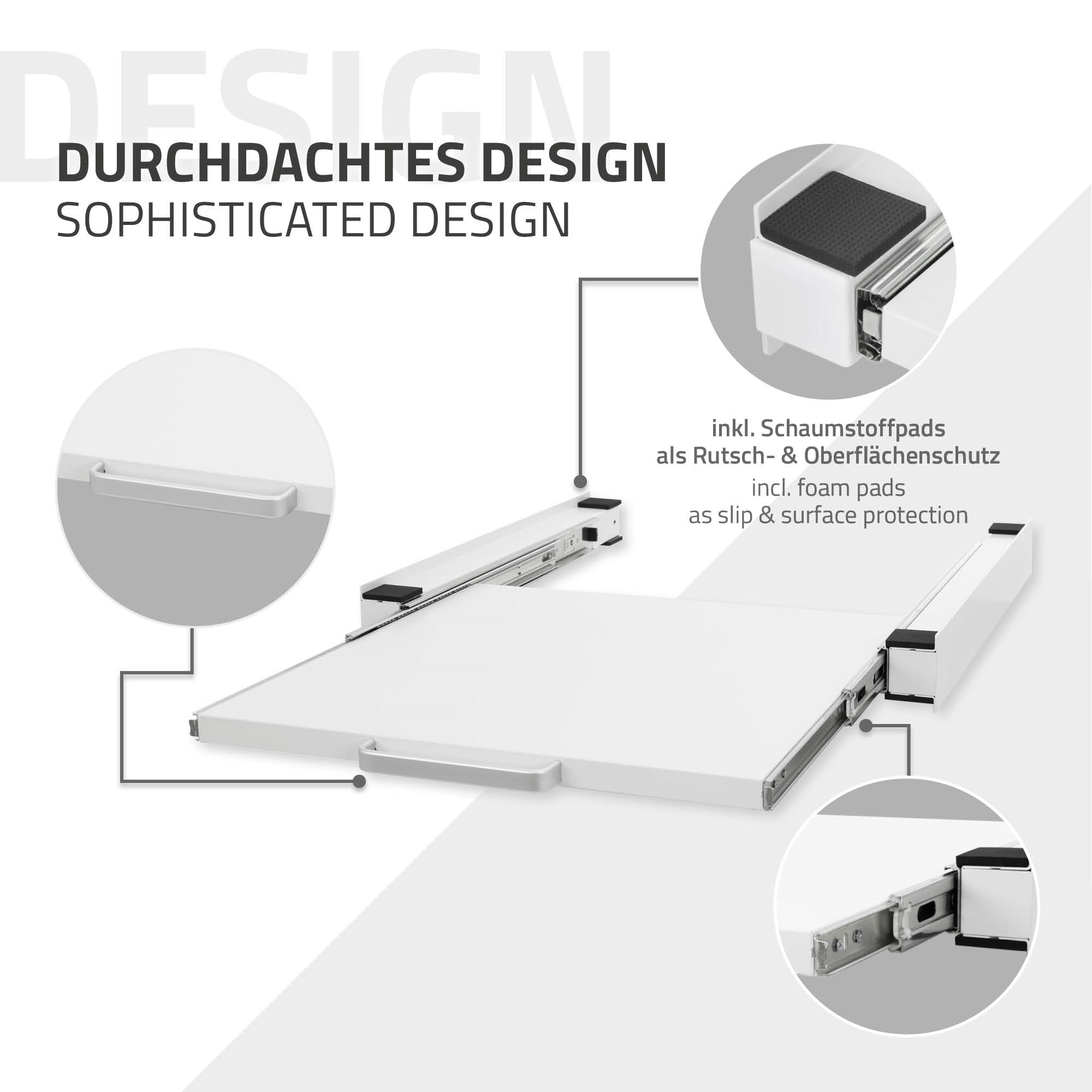 Designansicht mit Schaumstoffpads und gleitenden Elementen.
