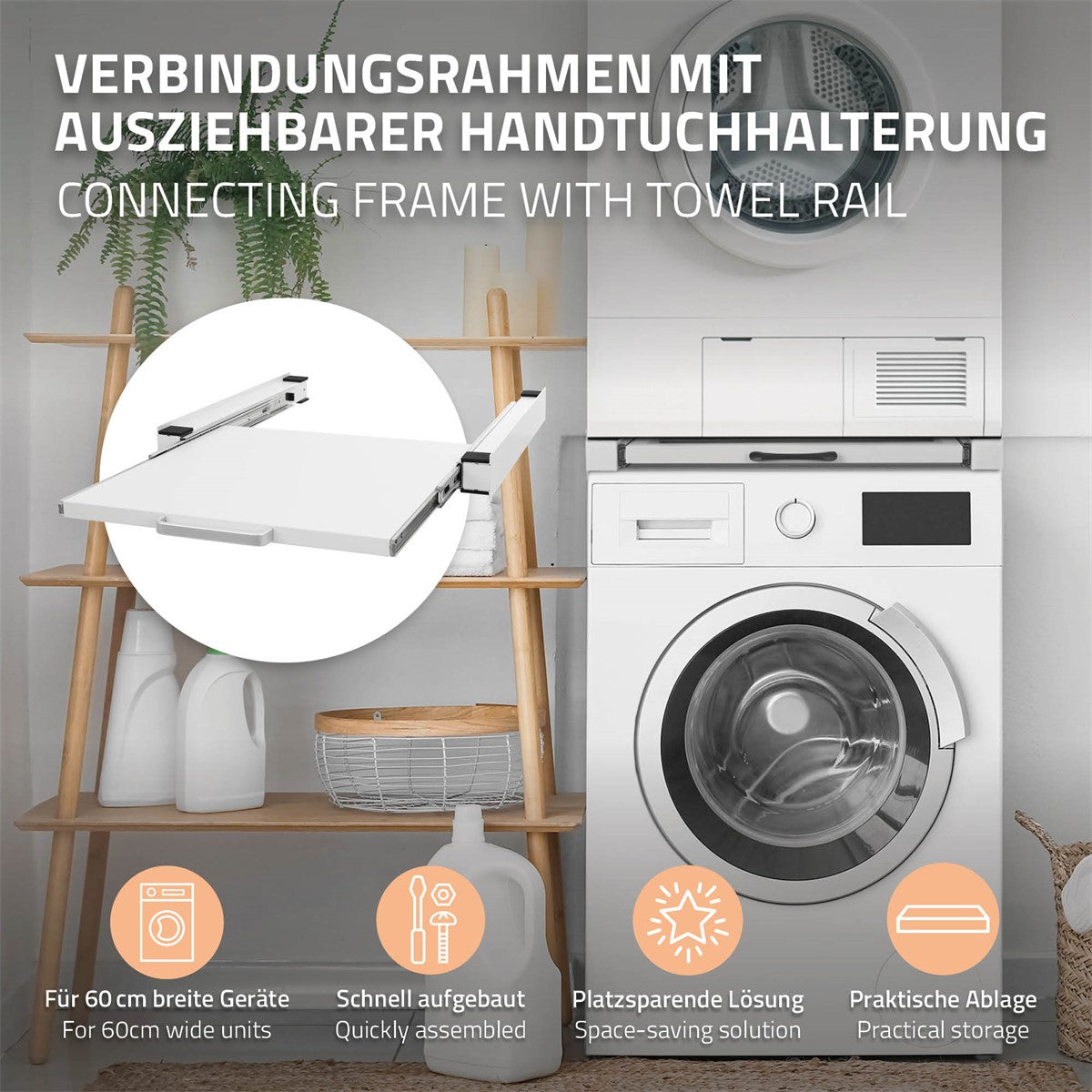 Verbindungsrahmen mit Handtuchhalterung neben einer Waschmaschine.