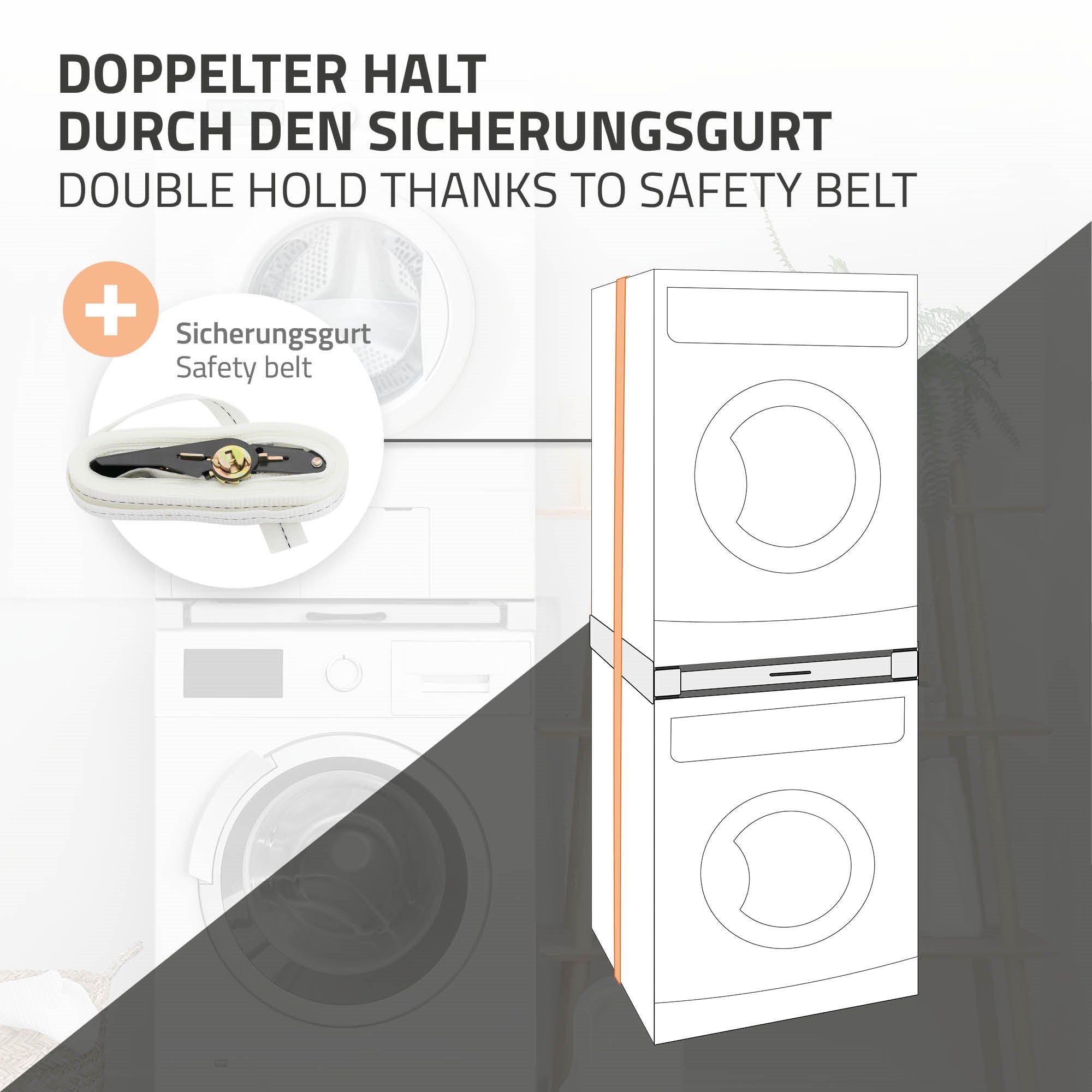Illustration eines Waschmaschinenstapels mit Sicherheitsgurt zur Stabilität.