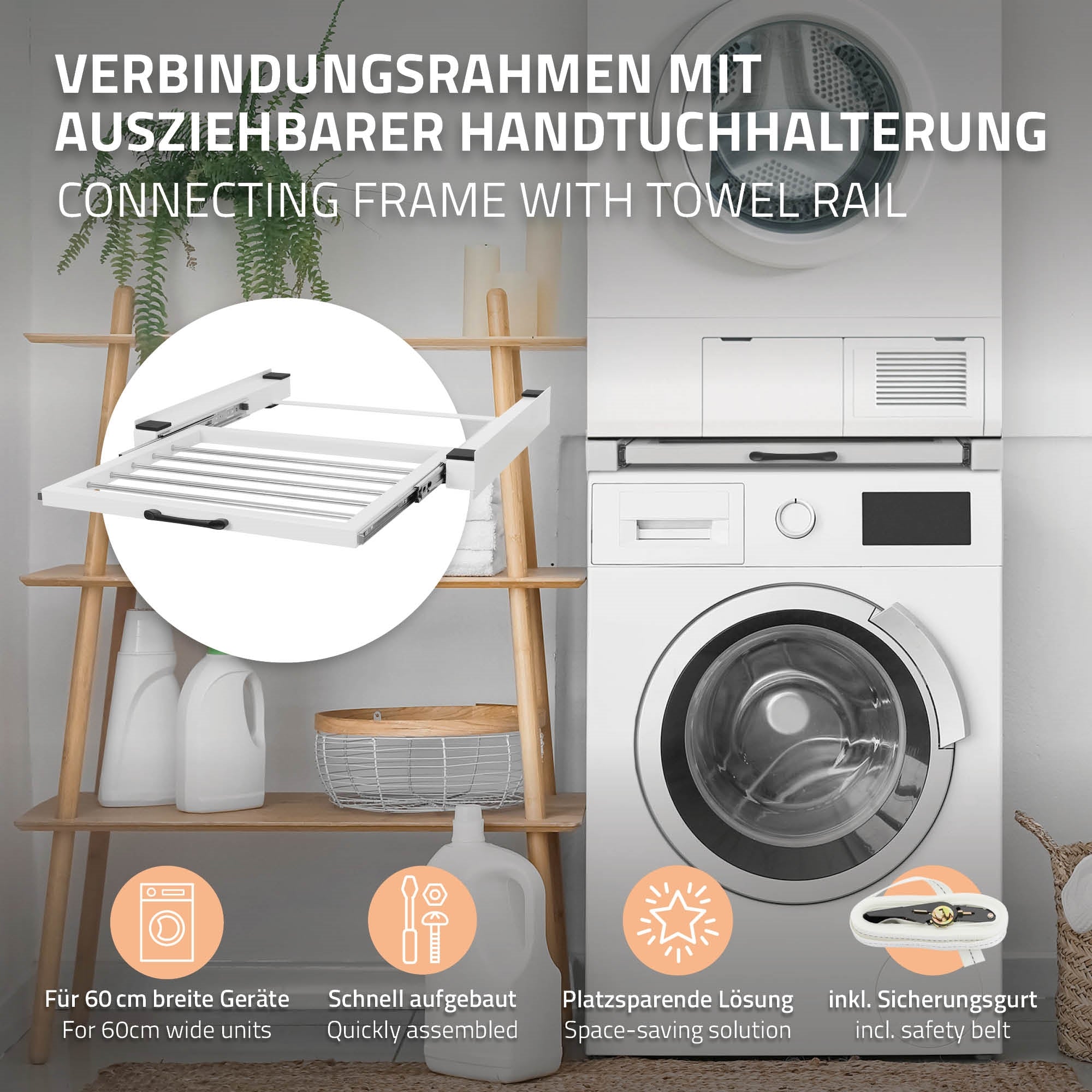 Verbindungsrahmen mit Handtuchhalterung, auf einem Regal platziert.