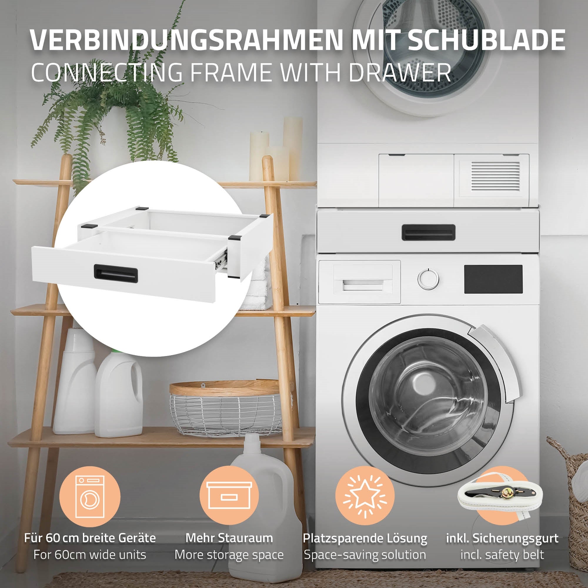 Verbindungsrahmen mit Schublade, abgebildet neben einer Waschmaschine.