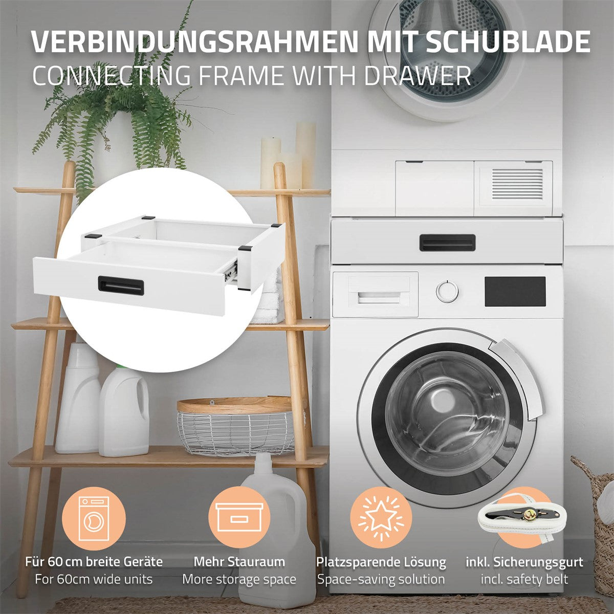 Verbindungsrahmen mit Schublade, abgebildet neben einer Waschmaschine.