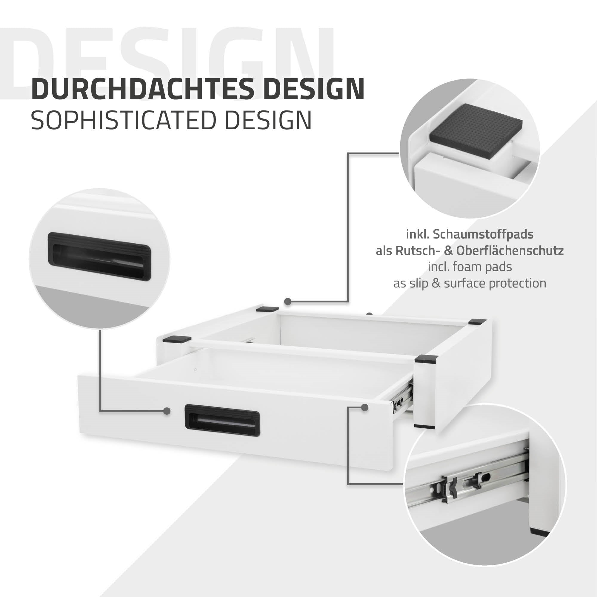 Grafik mit Beschreibung zu einem durchdachten Design und Schaumstoffpads.