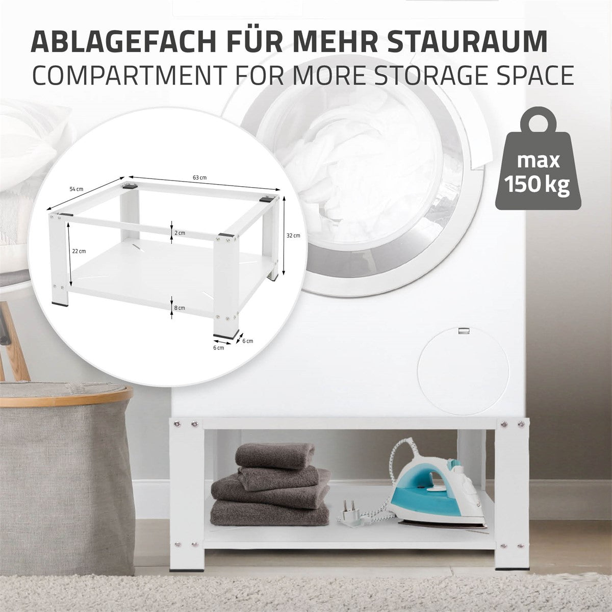Weißes Ablagefach mit Maßen für mehr Stauraum neben einer Waschmaschine.