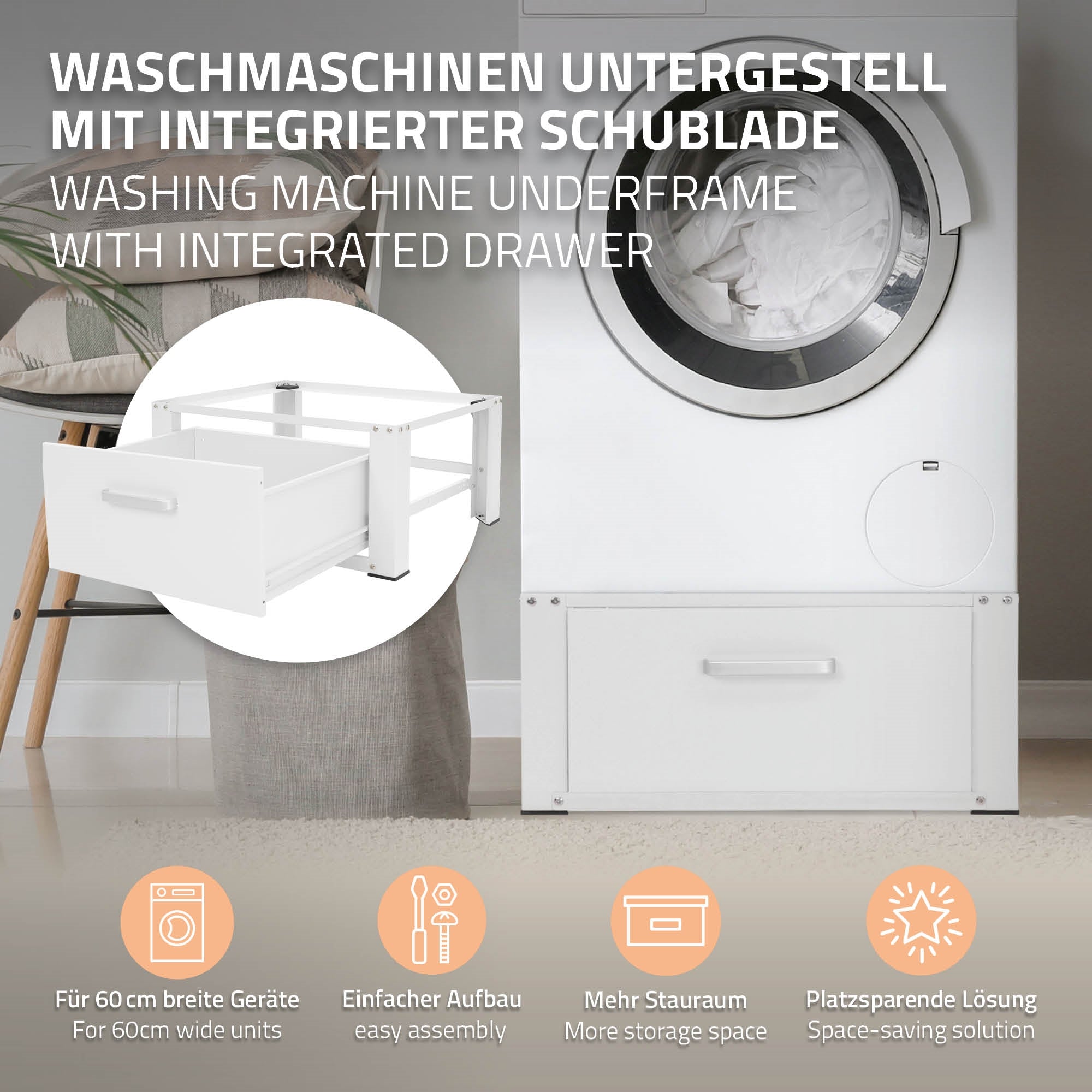Untergestell für Waschmaschine mit integriertem Schublade.