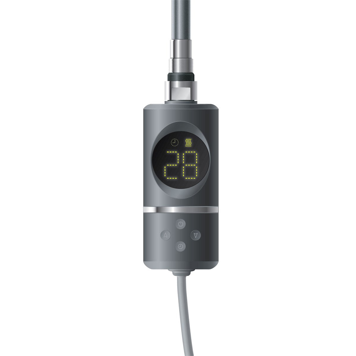 Gerät mit digitaler Anzeige und Bedienelementen, Kabel verbunden.