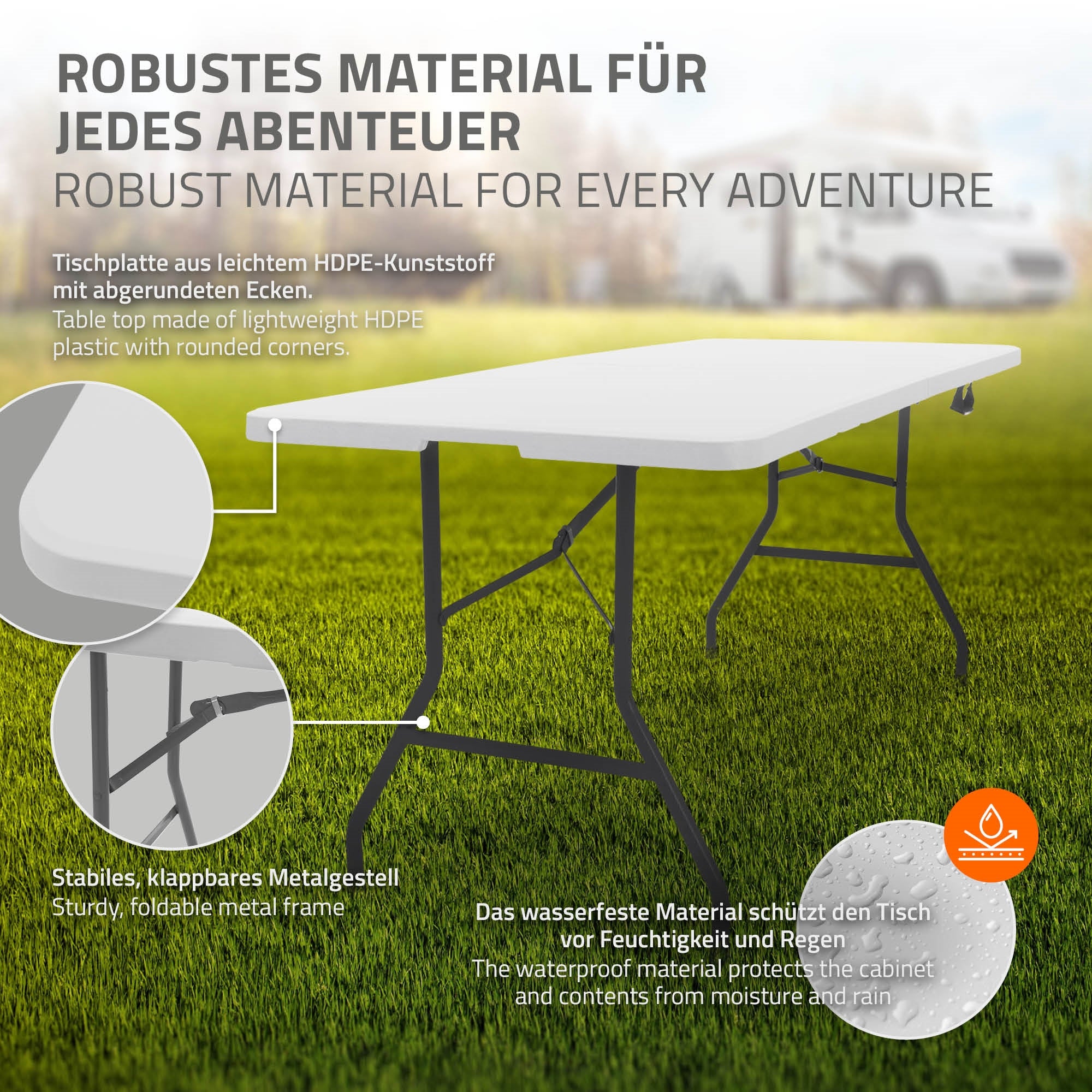 Graphic about robust material for folding tables, weatherproof and stable.