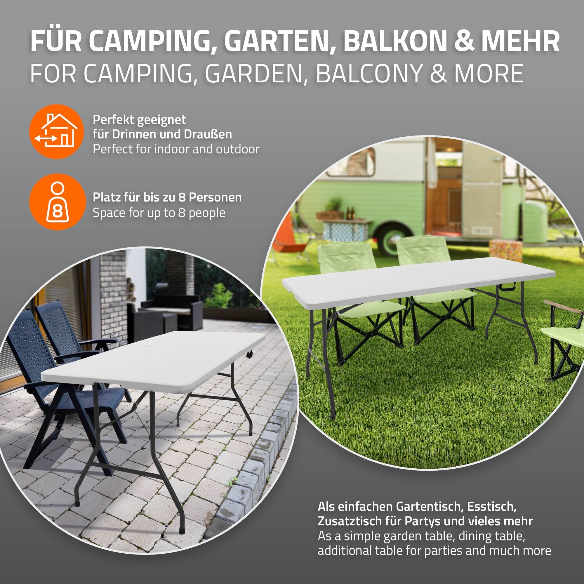 A table for camping and garden with space for up to 8 people.