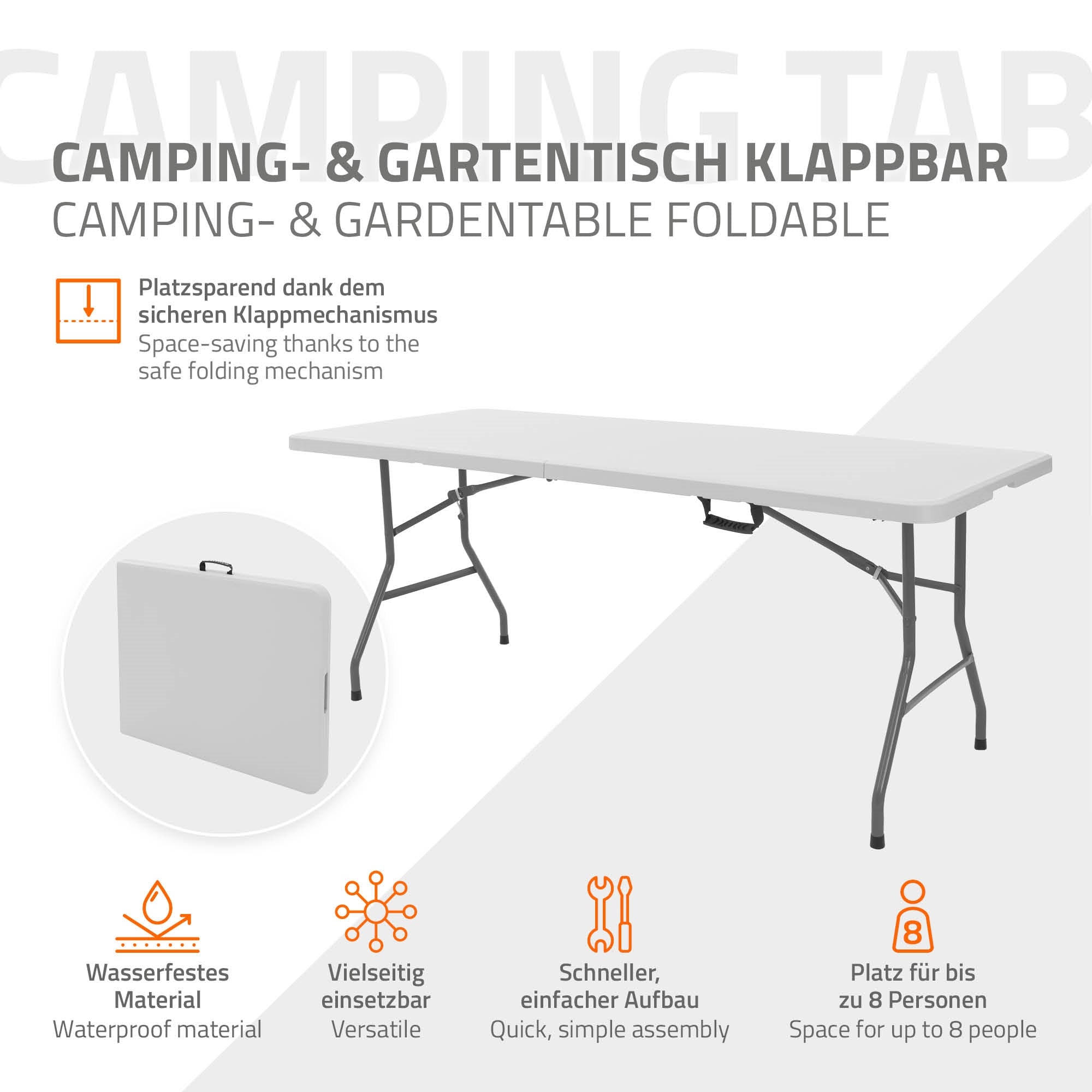 Foldable table in white, with information about use and space-saving, on a light background.