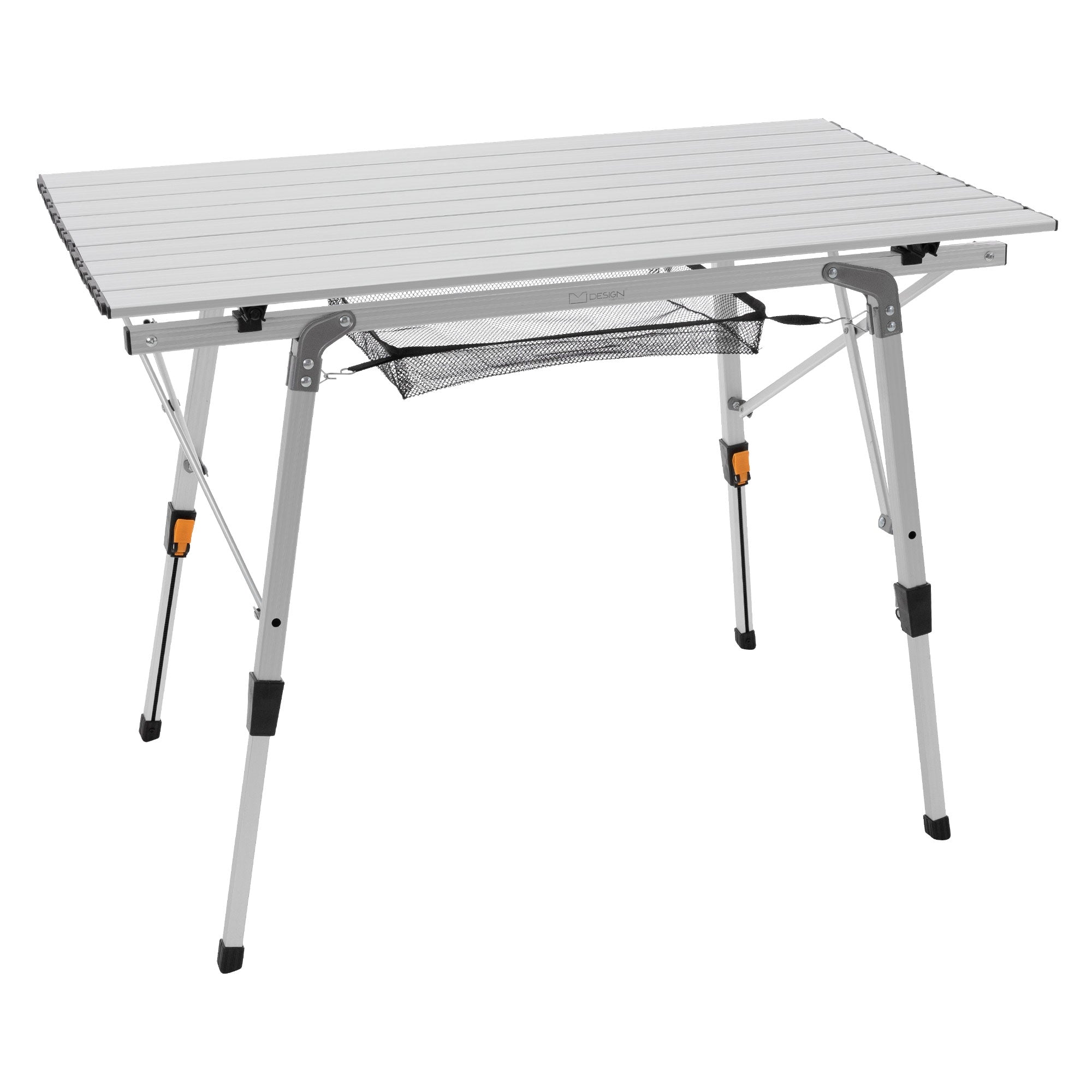 Klappbarer Tisch aus Aluminium mit Netz unter der Tischplatte.