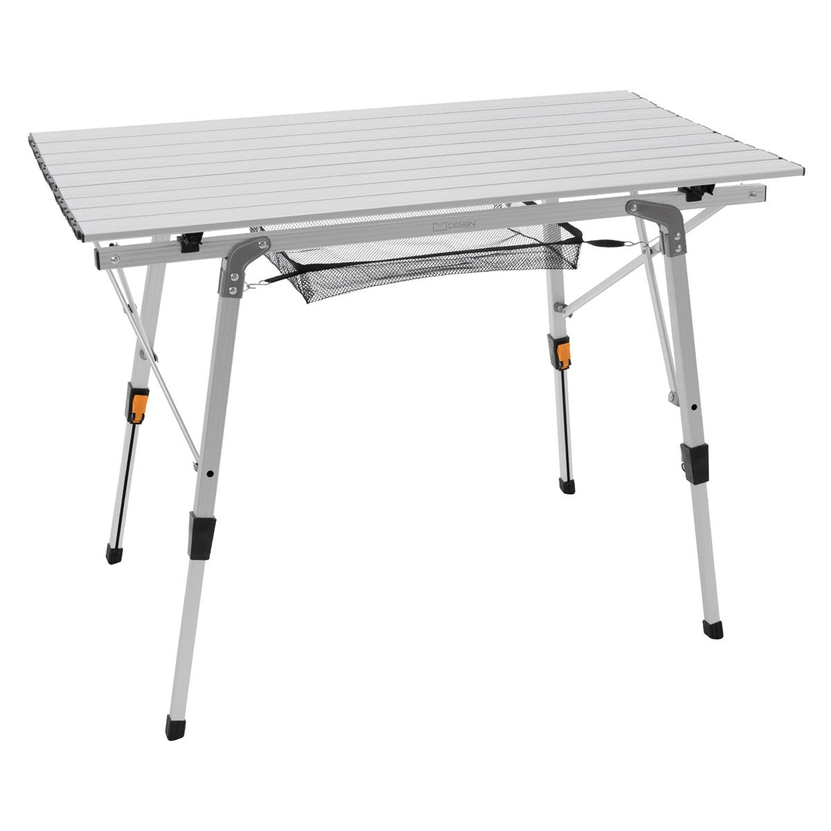 Klappbarer Tisch aus Aluminium mit Netz unter der Tischplatte.
