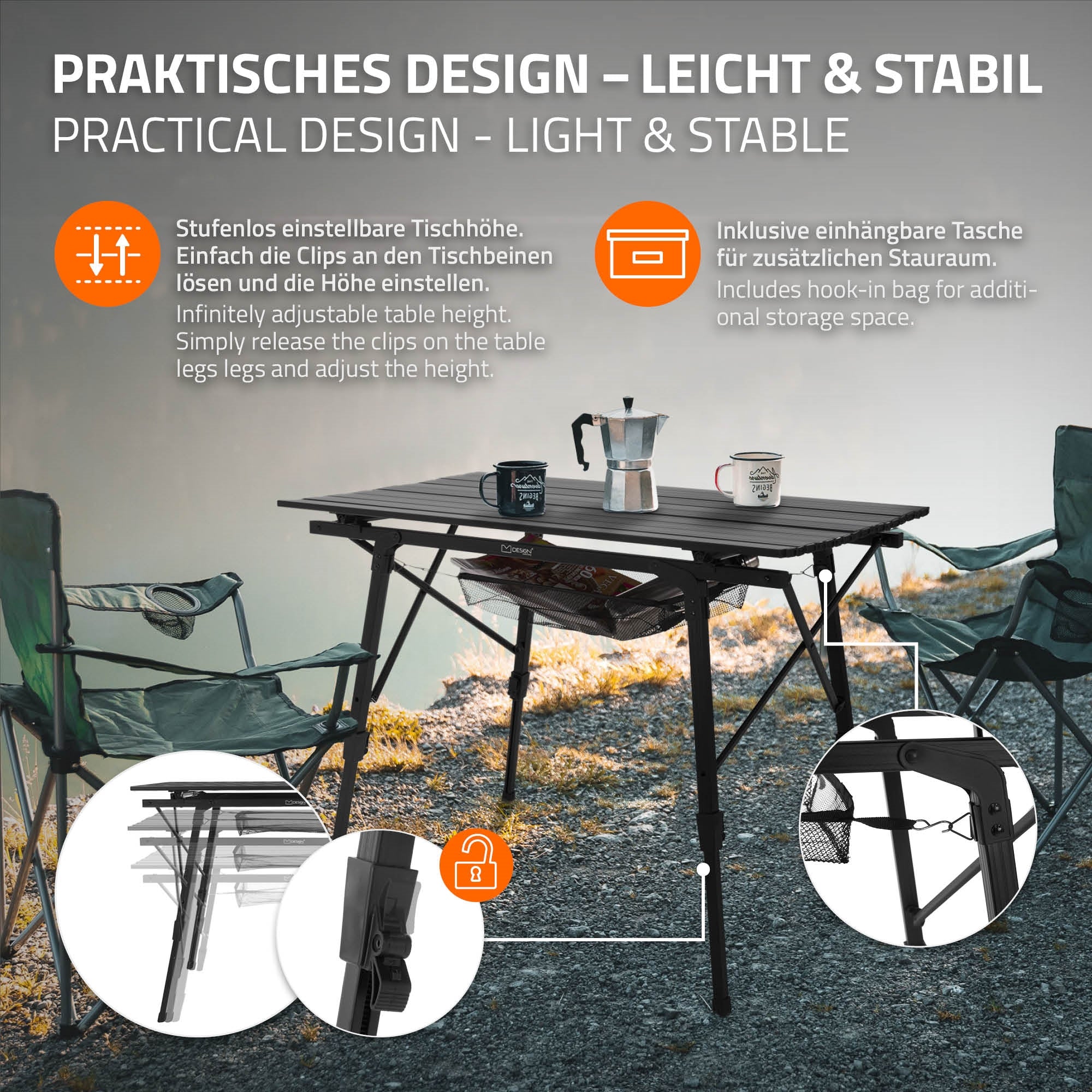 Mesa plegable con cafetera y dos sillas al aire libre.