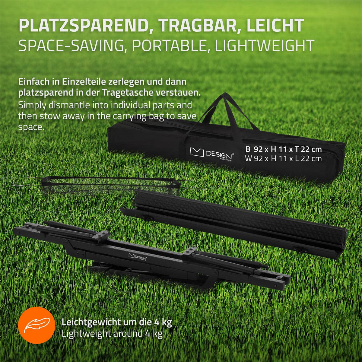 Tragbare, platzsparende Aufbewahrungslösung auf grünem Rasen.