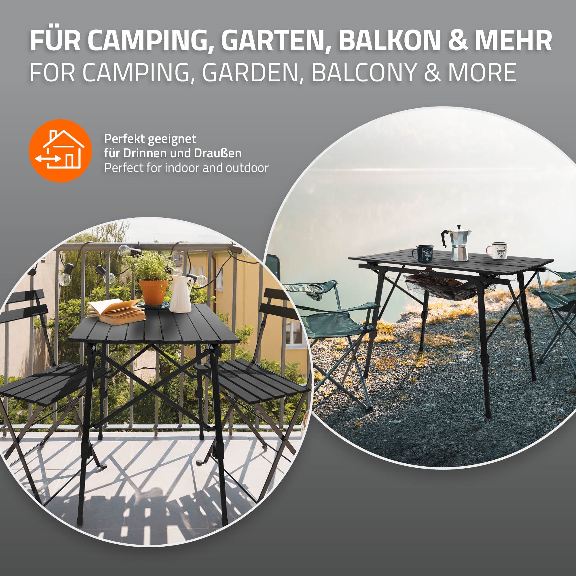 Mesa plegable para camping, jardín y balcón con dos sillas.