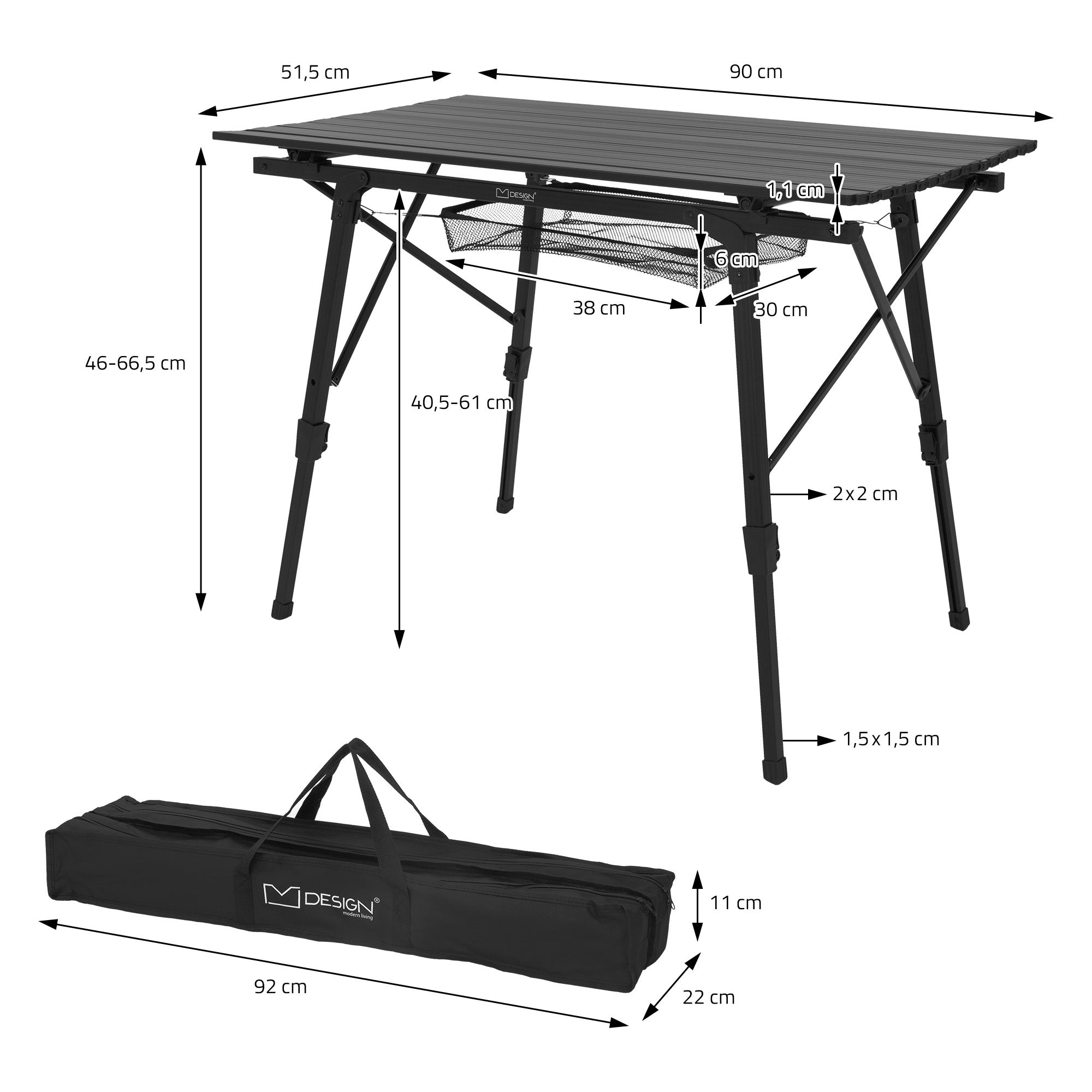 Dibujo técnico de una mesa plegable con medidas y bolsa de transporte.