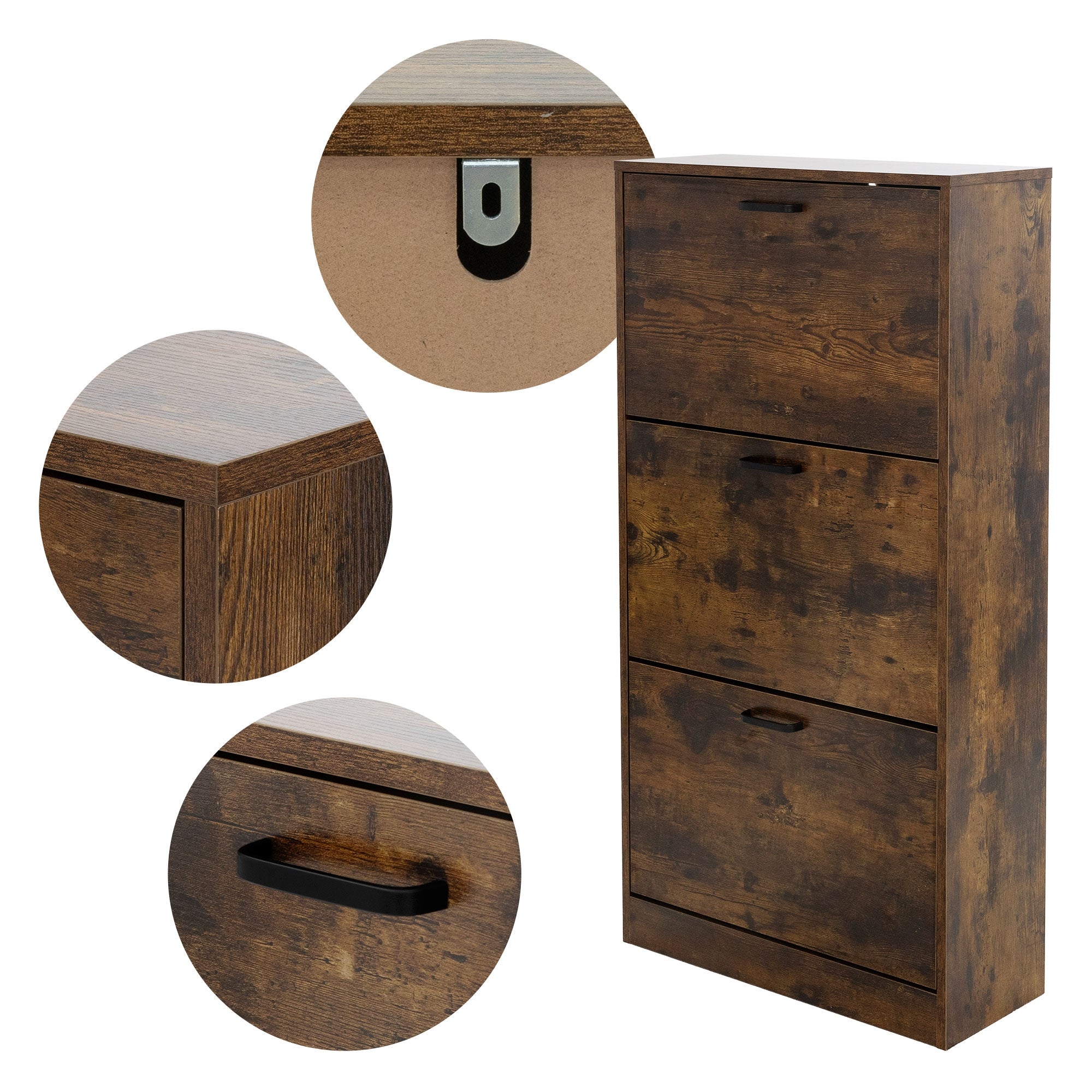 Holzschrank mit drei Fächern und Detailansichten von Griff und Kante.