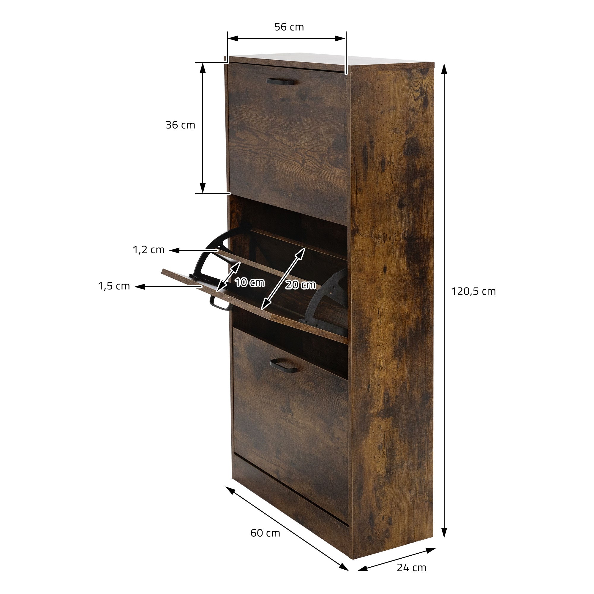 Maßzeichnung eines Holzschuhschranks mit Abmessungen und Details.