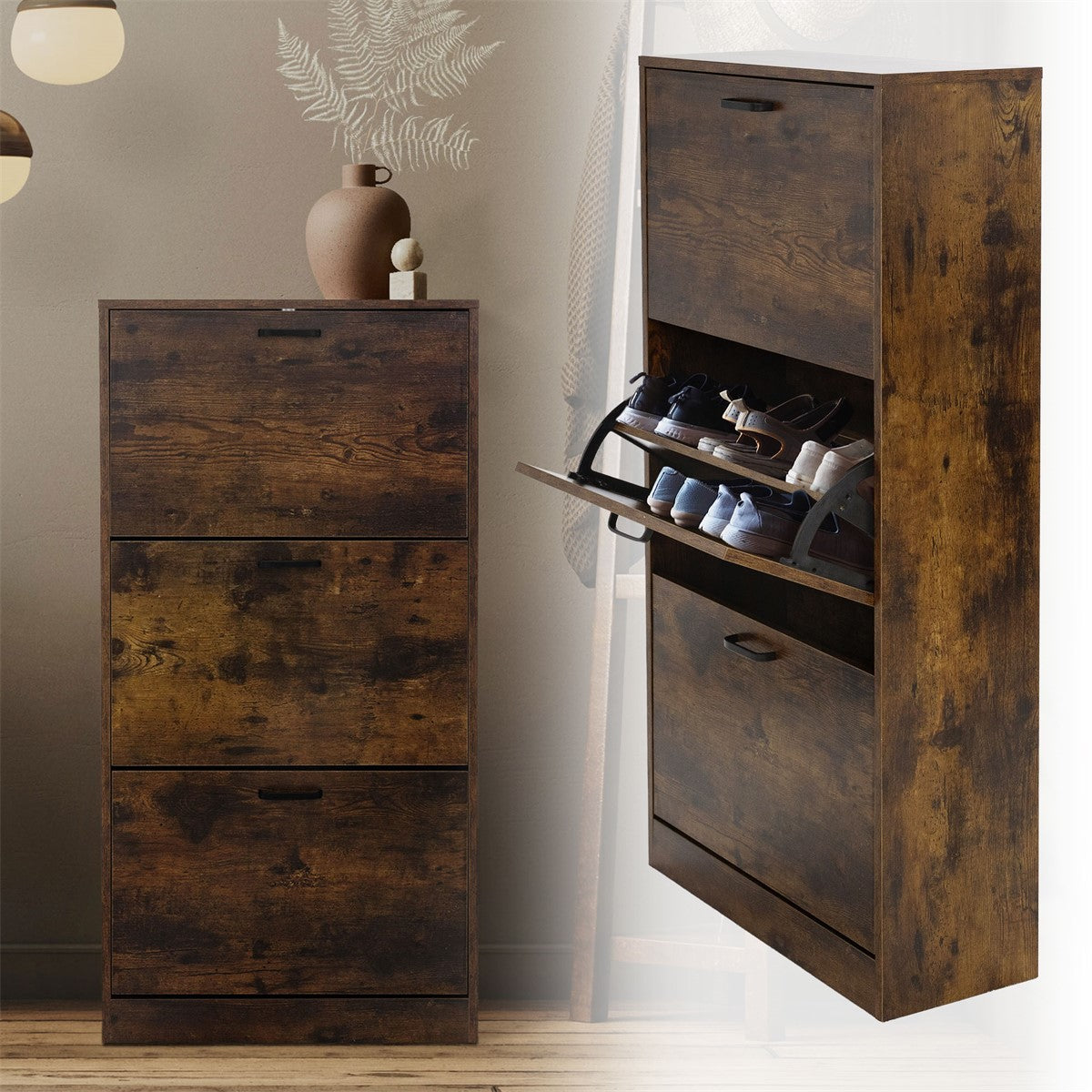 Dunkelbrauner Holzschrank mit Schuhablage und offenen Fächern.
