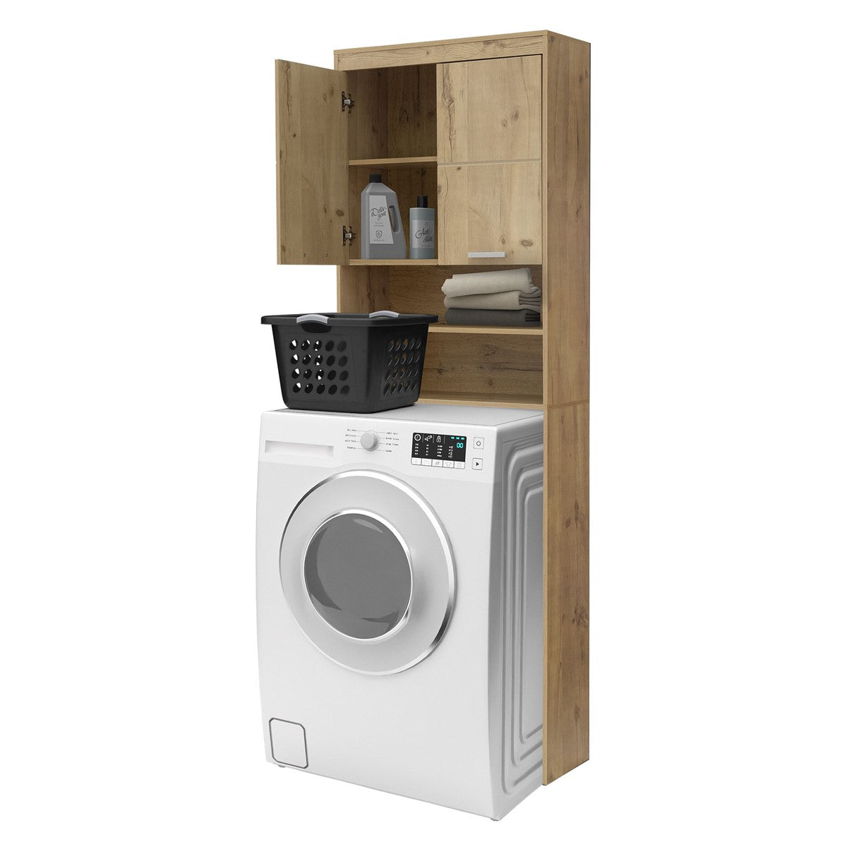 Waschmaschine mit Holzregal und Wäschekorb in einem Raum.