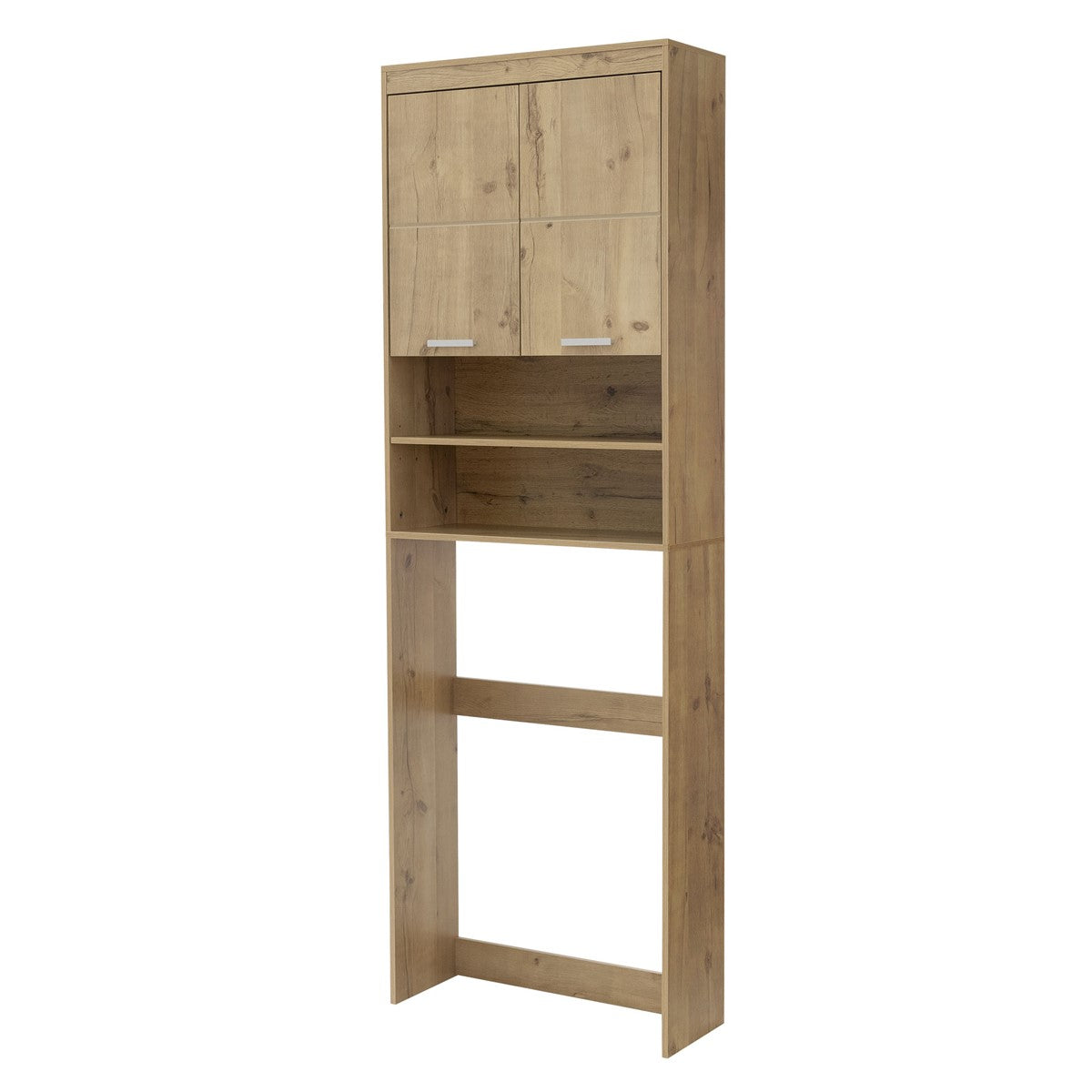 Hochschrank aus hellem Holz mit zwei Türen und einem offenen Regal.