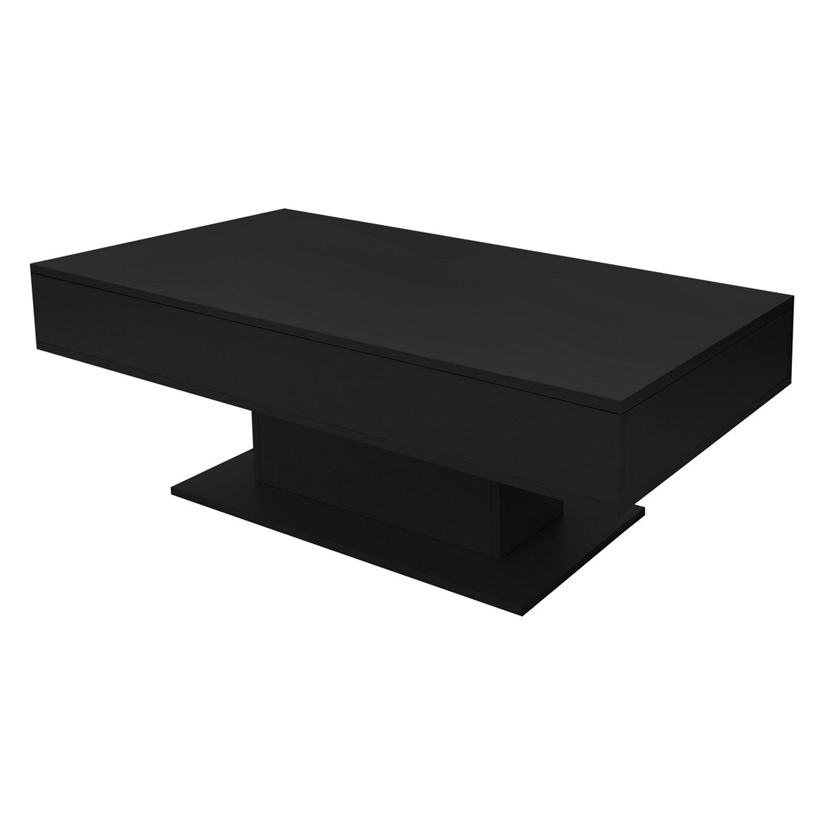 Ein schwarzer Couchtisch mit einer glatten Oberfläche.
