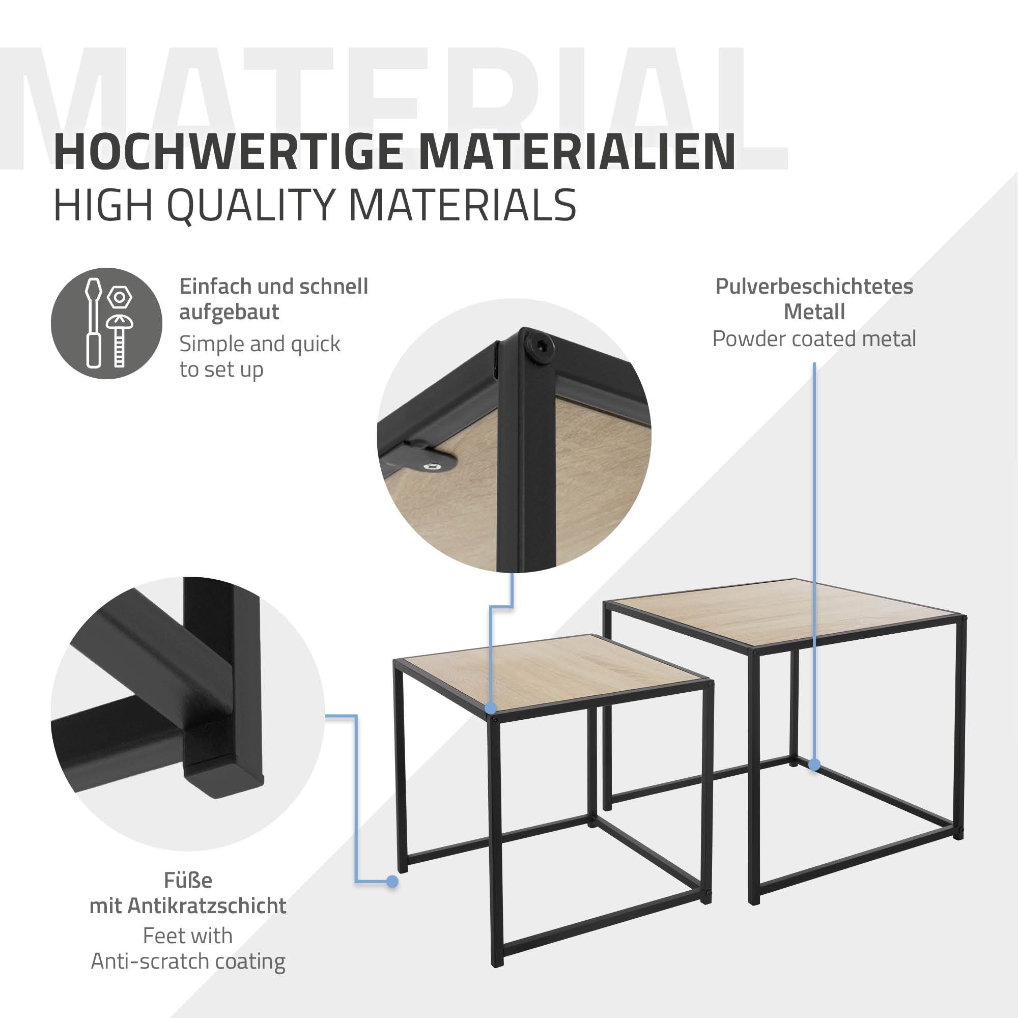 To metalborde med træoverflade, belagt og med skridsikre fødder.