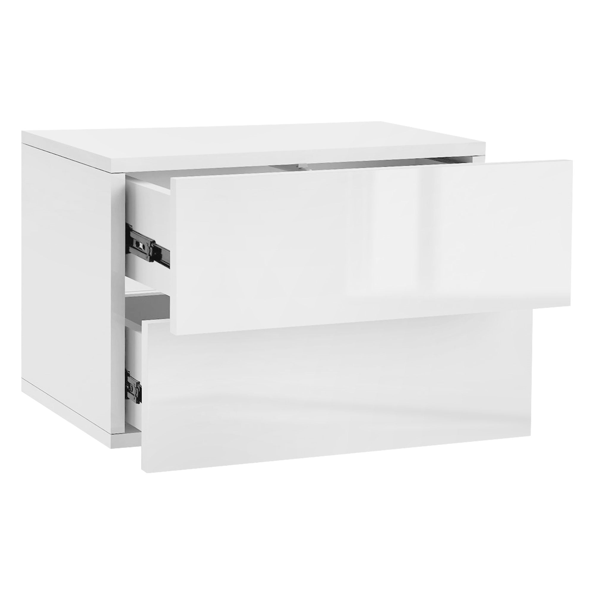 Weißer Schrank mit zwei offenen Schubladen, seitliche Ansicht.