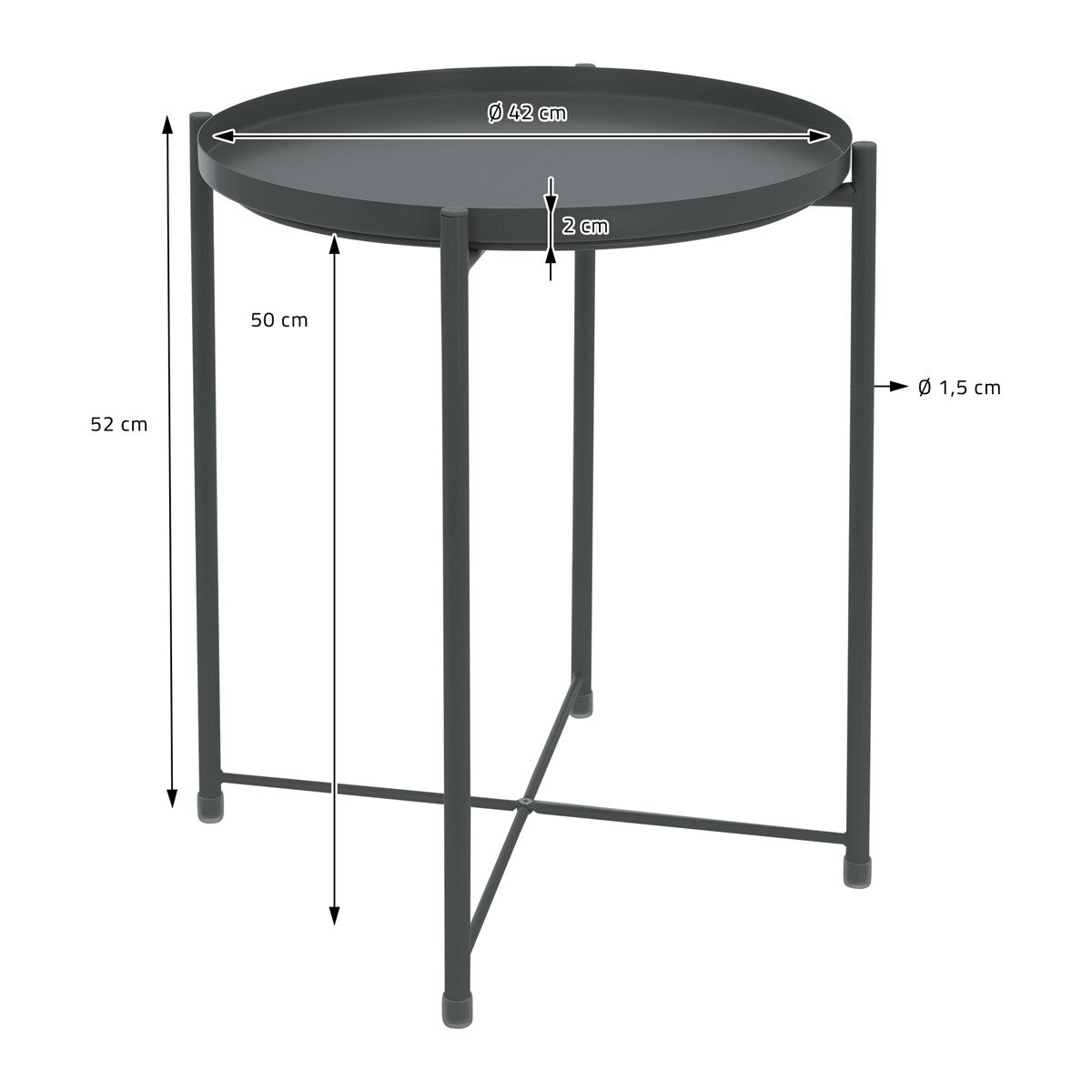 Mesa redonda con las siguientes medidas: diámetro de 42 cm, altura de 52 cm, patas de 1,5 cm de grosor.