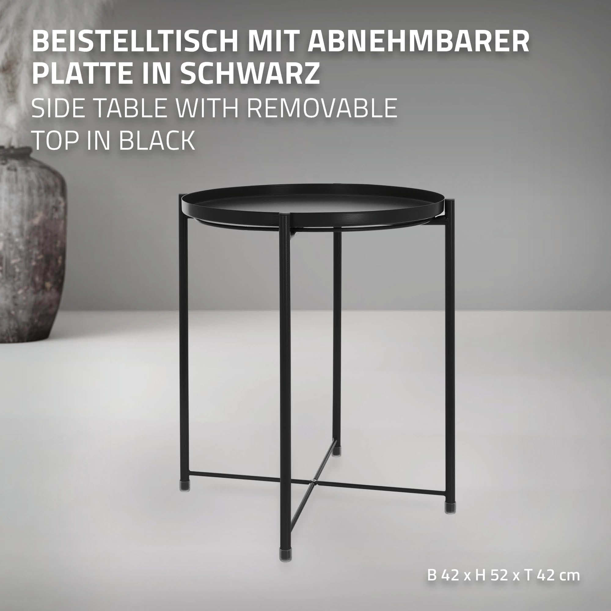 Runder Beistelltisch mit abnehmbarer Platte in schwarz, auf einem hellen Hintergrund.