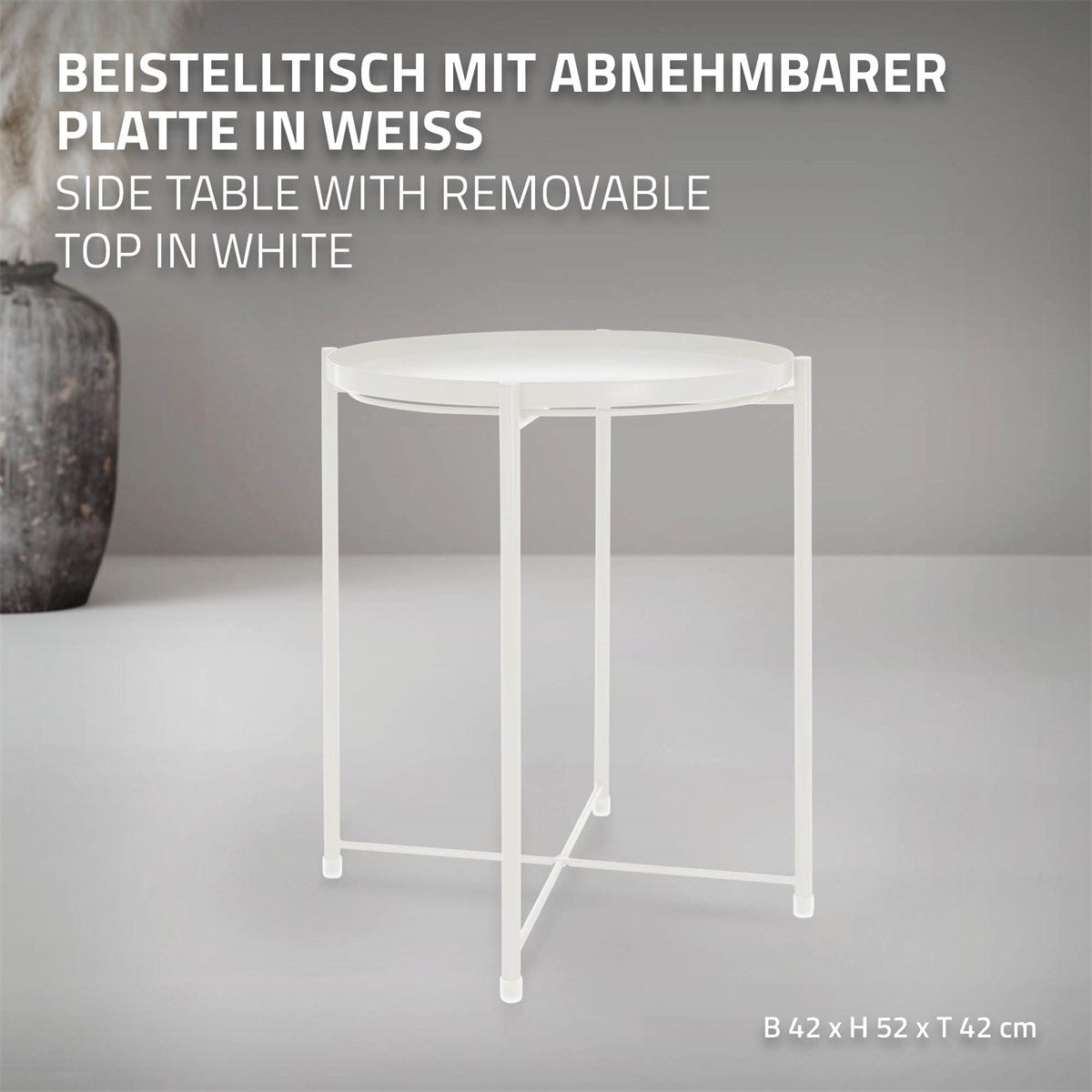 Weißer Beistelltisch mit abnehmbarer Platte, Maße B42 x H52 x T42 cm.