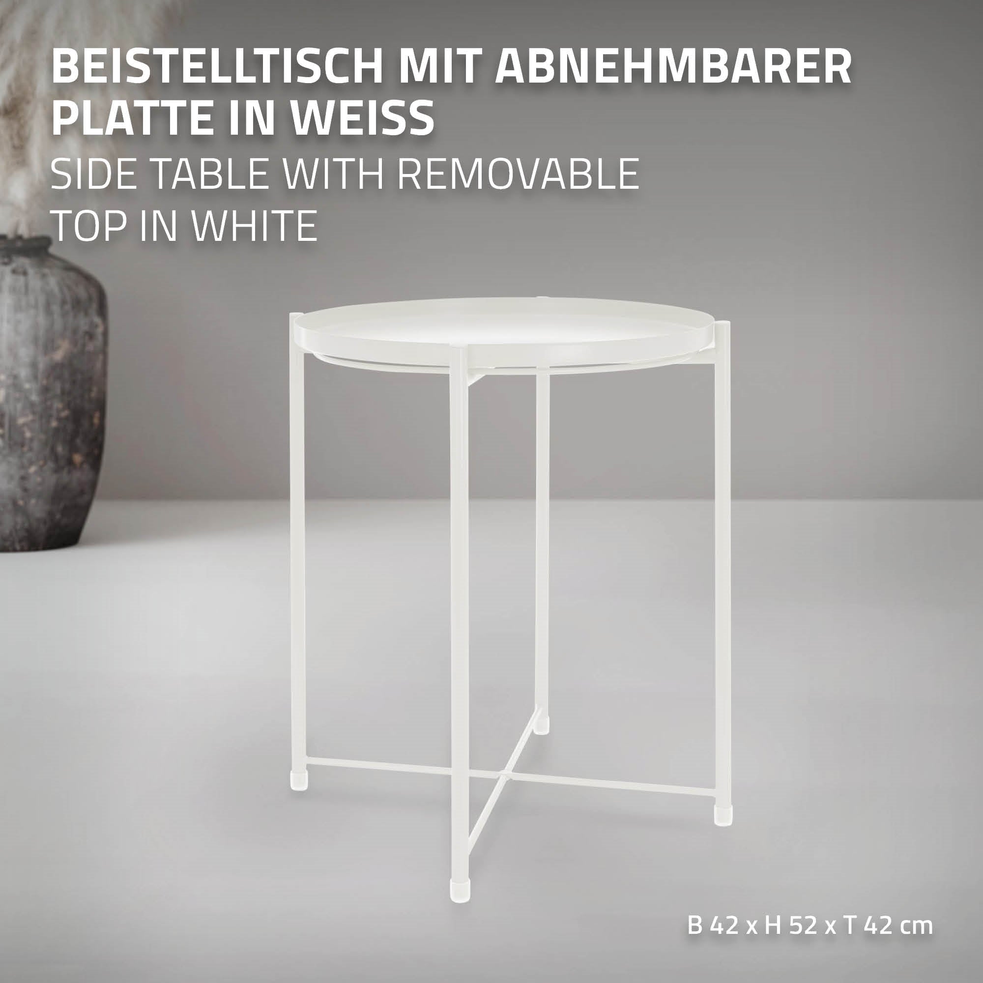 Weißer Beistelltisch mit abnehmbarer Platte, Maße B42 x H52 x T42 cm.