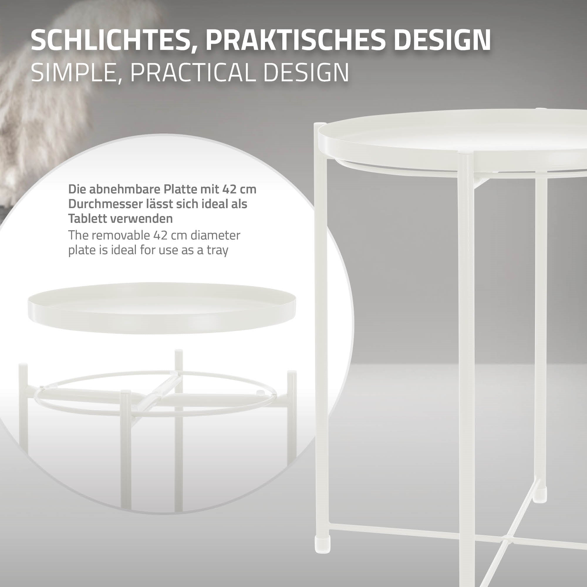 Runder Tisch mit abnehmbarer Platte, Durchmesser 42 cm, in weißem Design.