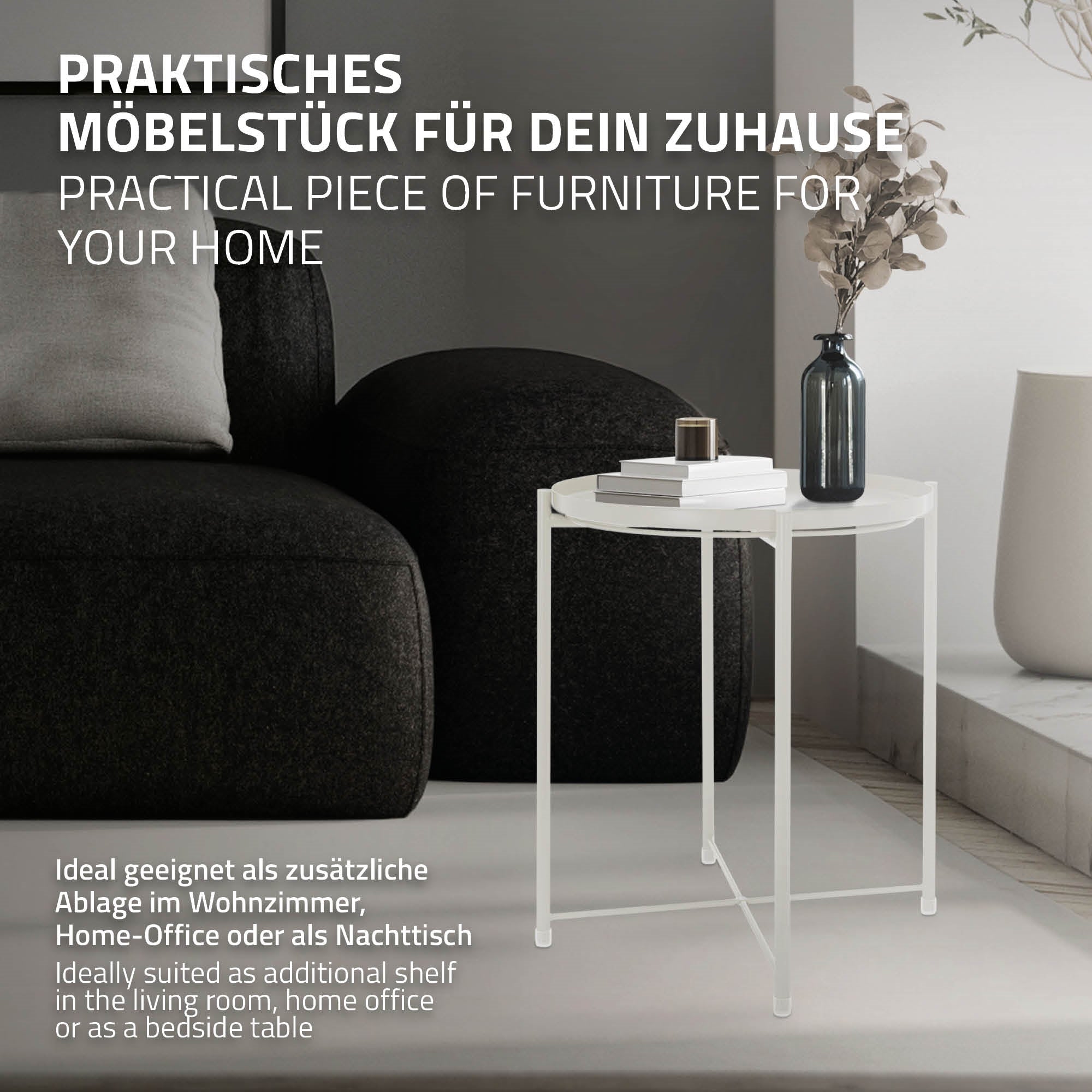 Ein kleiner Tisch mit einer weißen Oberfläche, dekoriert mit einer Vase und einem Buch.