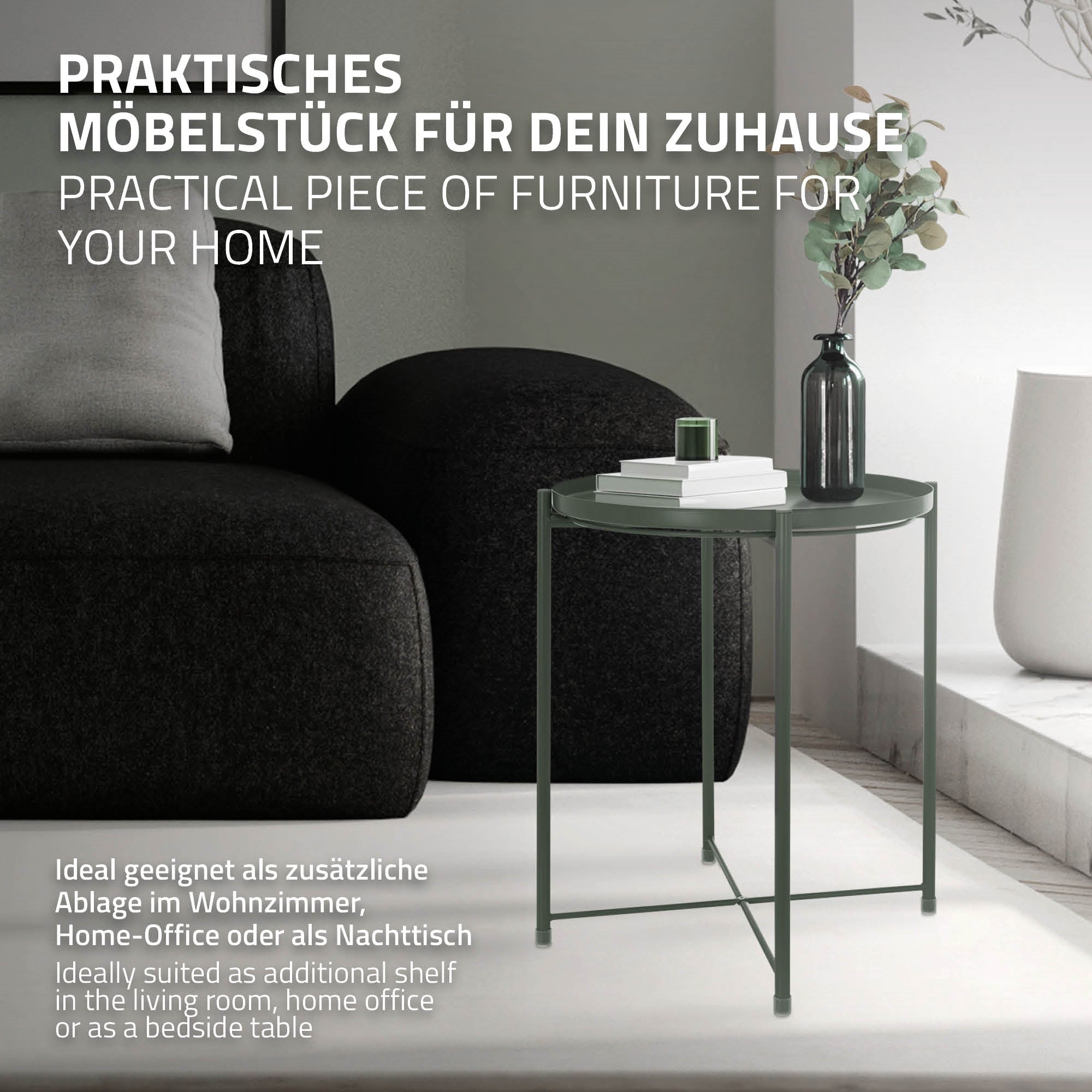 Tisch mit Pflanze, Glas und Text über Möbelstück für Zuhause.
