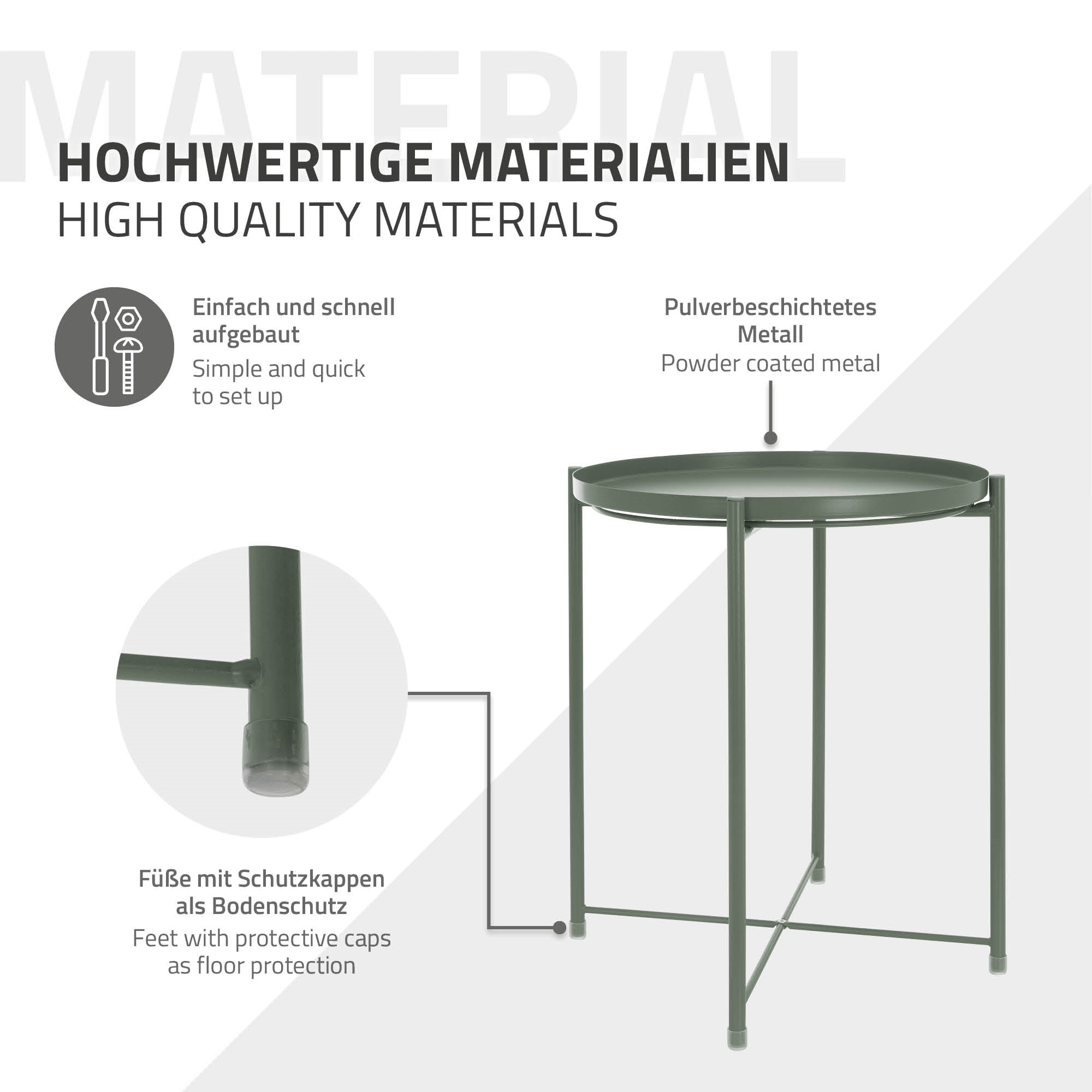Tisch aus pulverbeschichtetem Metall mit Schutzkappen für den Boden.