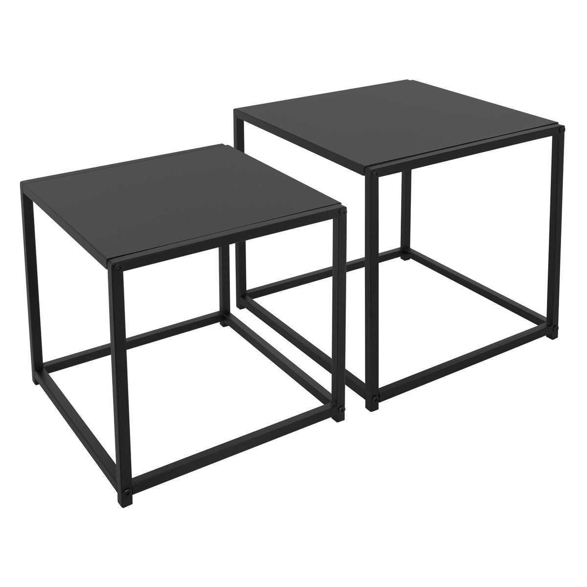 Zwei schwarze Beistelltische mit quadratischem Design.