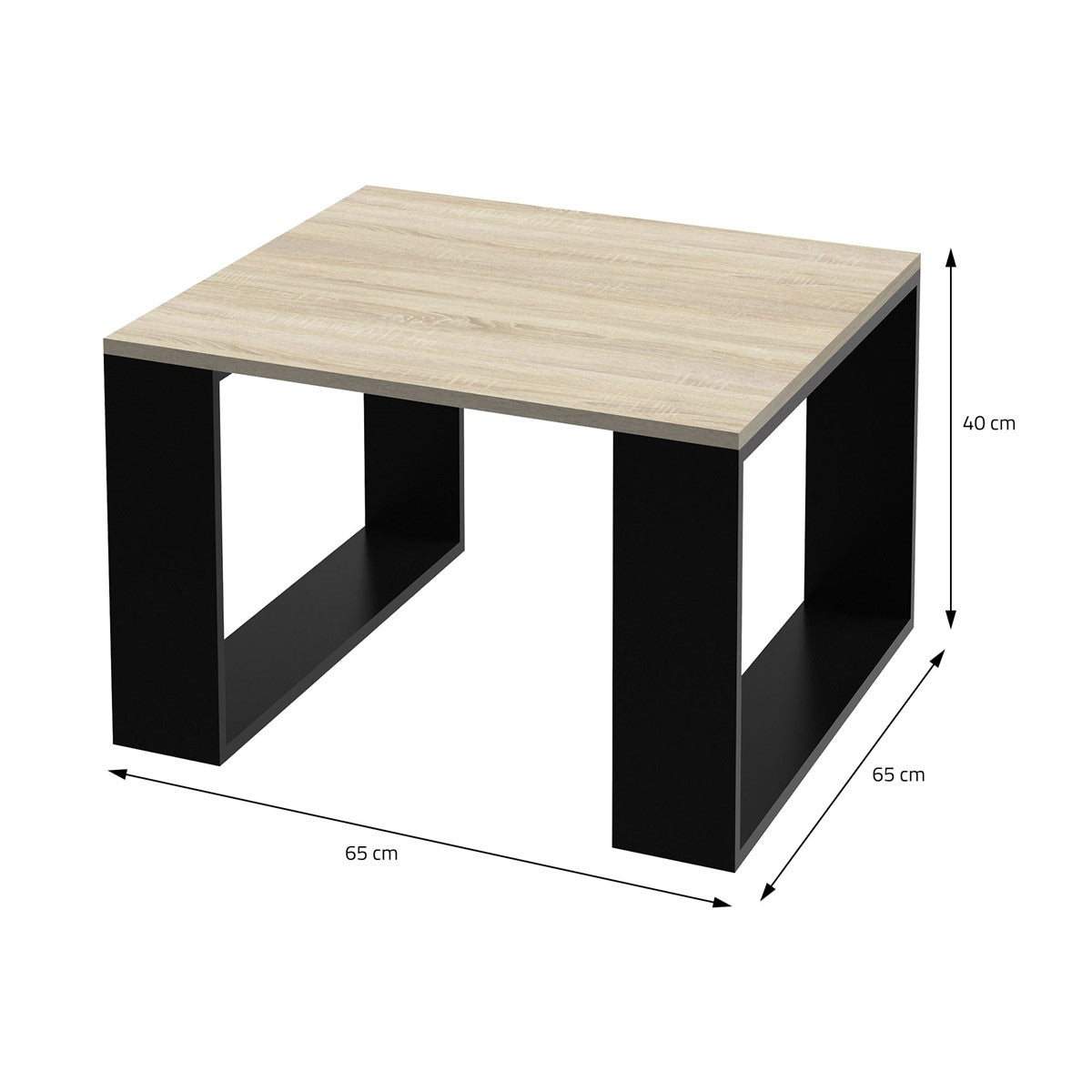 Ein quadratischer Tisch mit einer hellen Holzoberfläche und schwarzen Seiten, Maßangaben sind sichtbar.