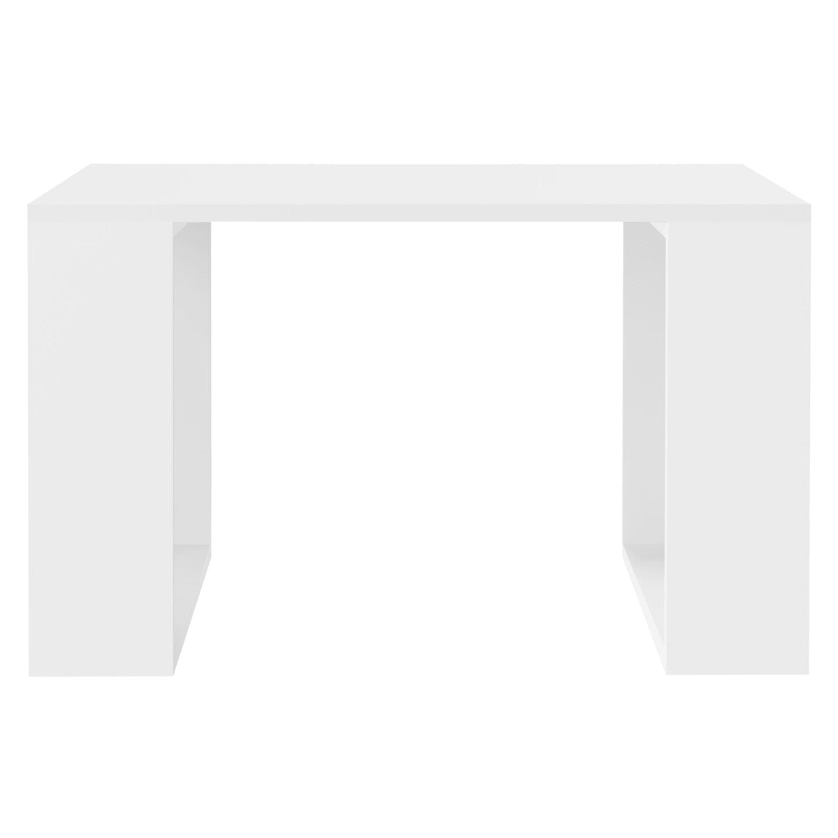 Obdélníkový bílý stůl s otevřenými nohami, jednoduchý design.