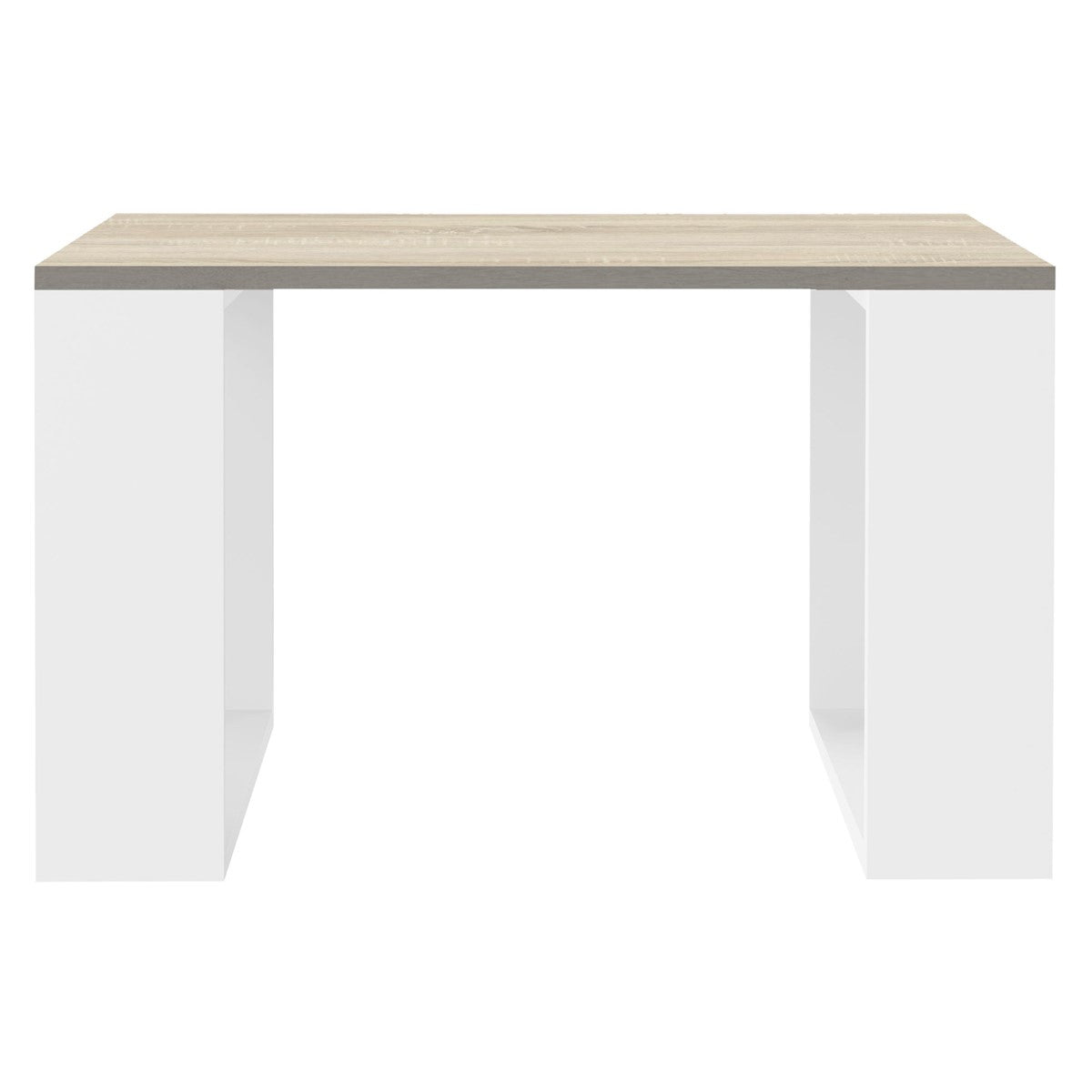 Ein weißer Tisch mit Holzplatte, rechteckig und mit zwei offenen Seiten.