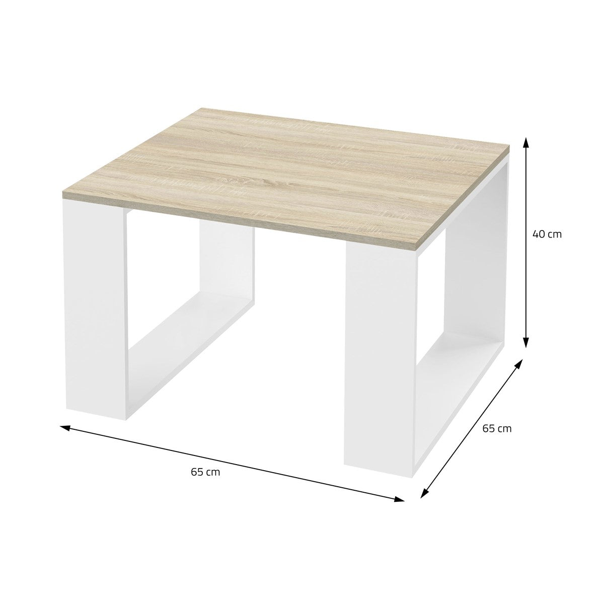 Quadratischer Tisch mit Holzoberfläche und weißen Seiten, Maße sind eingezeichnet.