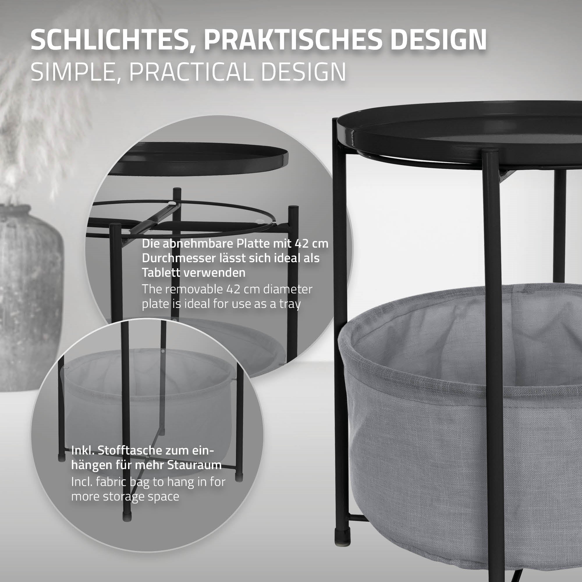 Graphic with information about a side table and its functions.