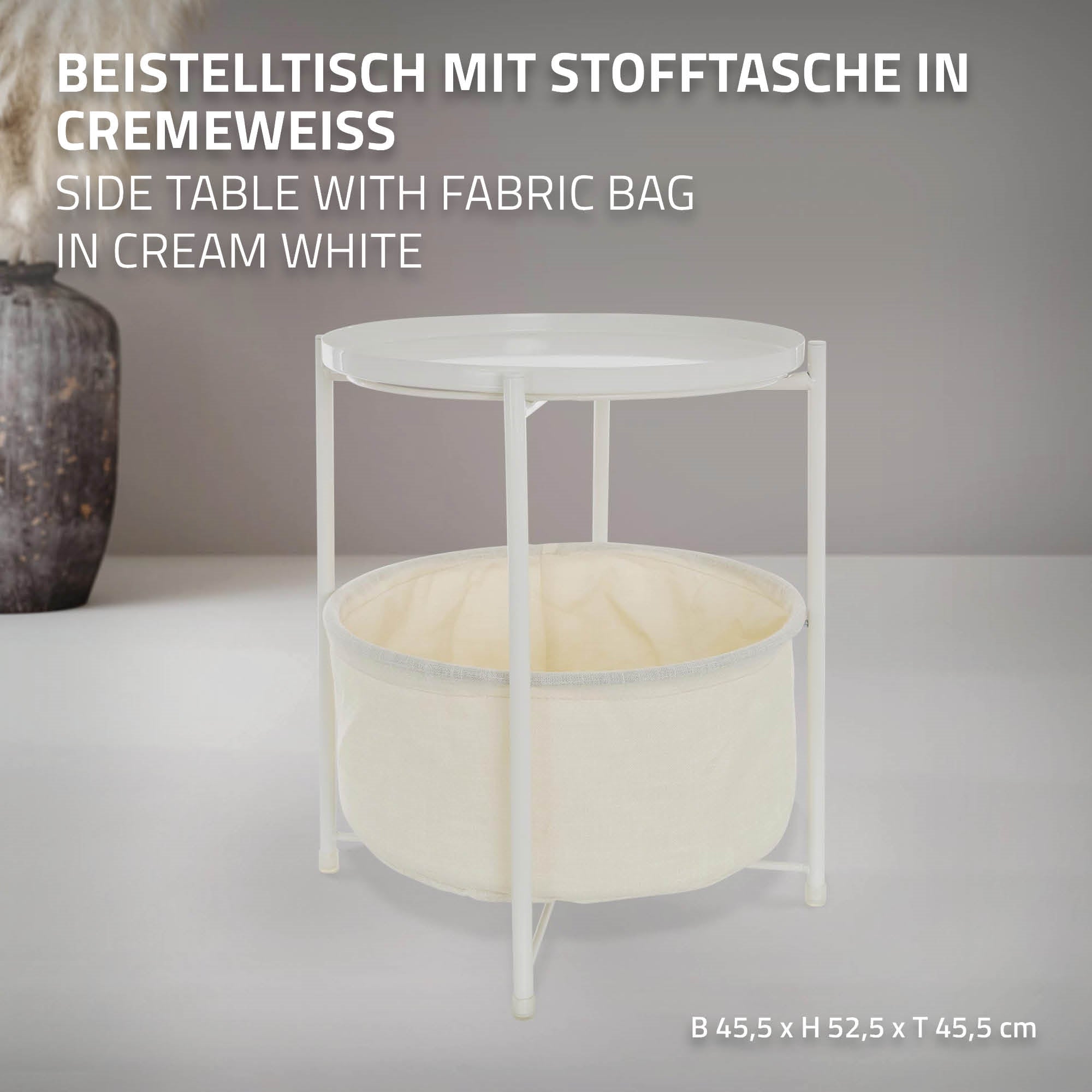 Beistelltisch in cremeweiß mit Stofftasche und Maßangaben.