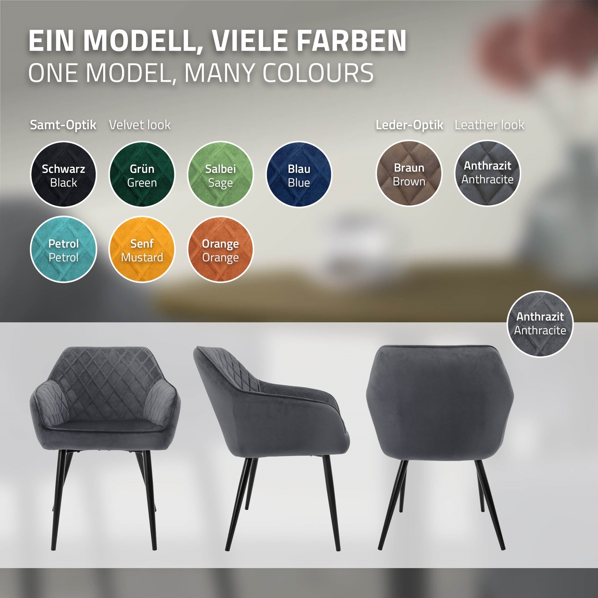 Fremstilling af en stol i forskellige farver og designs.