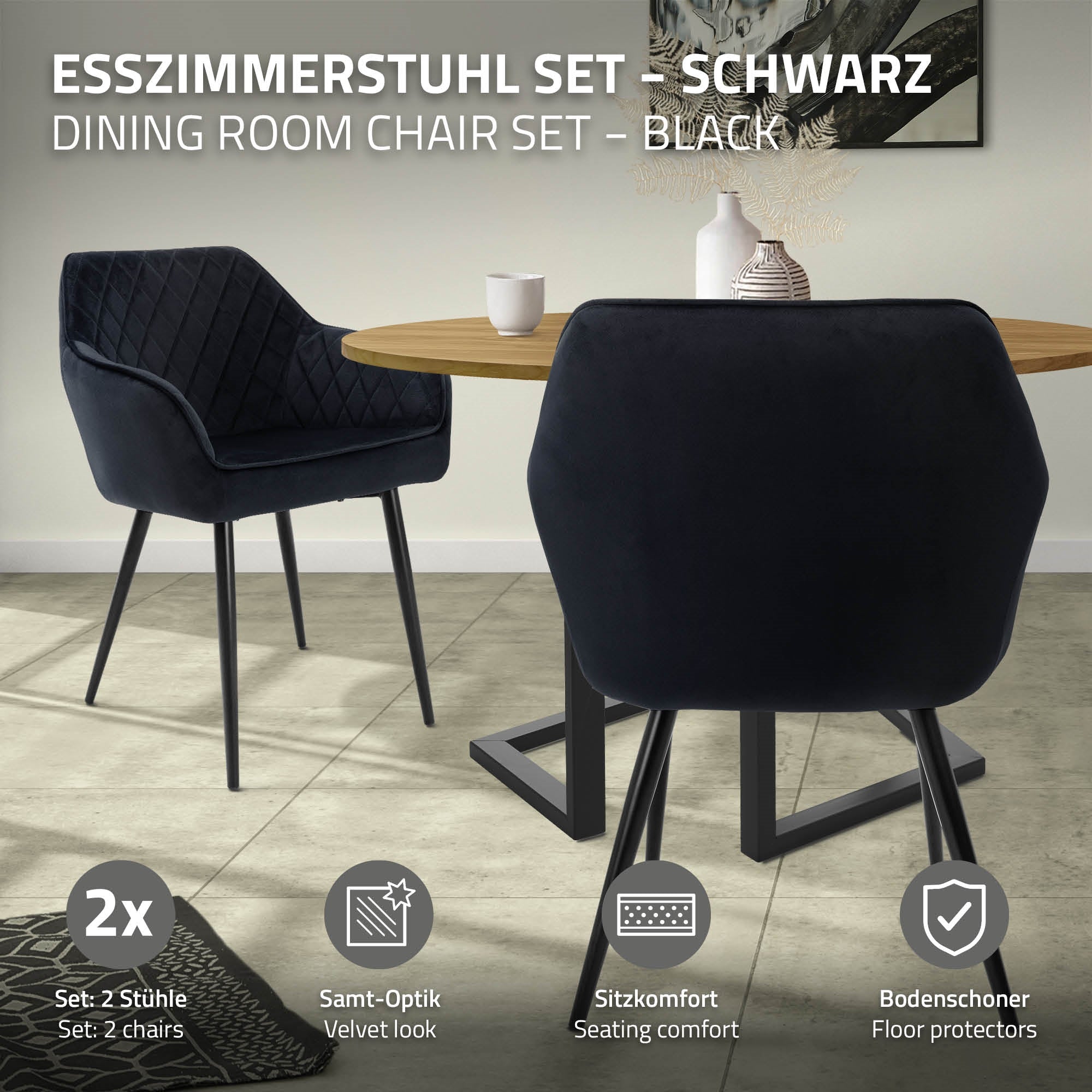 Esszimmerstuhl-Set in Schwarz, mit Tisch und Bodenbeschützern.