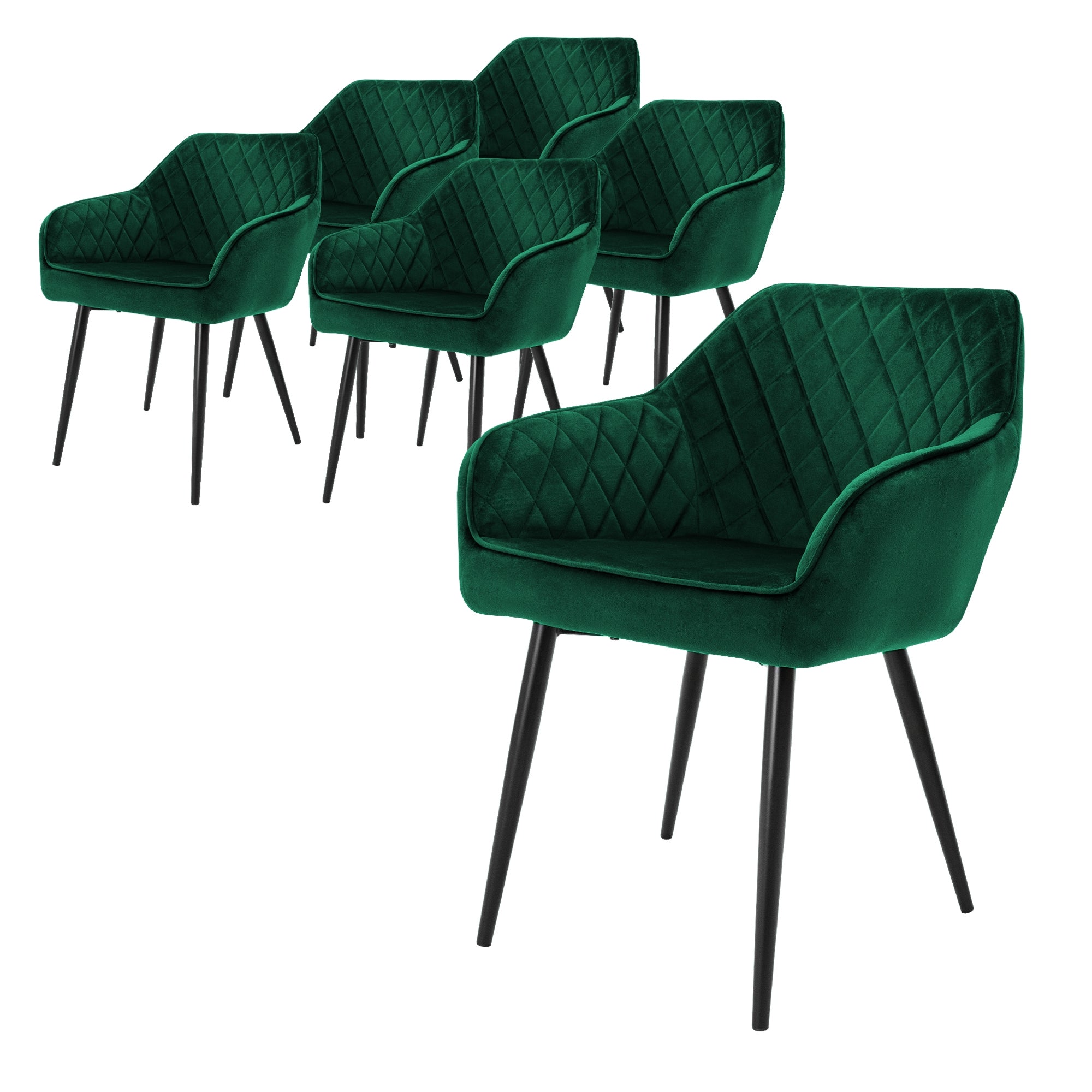 Sechs grüne Stühle mit gestepptem Design und schwarzen Beinen.