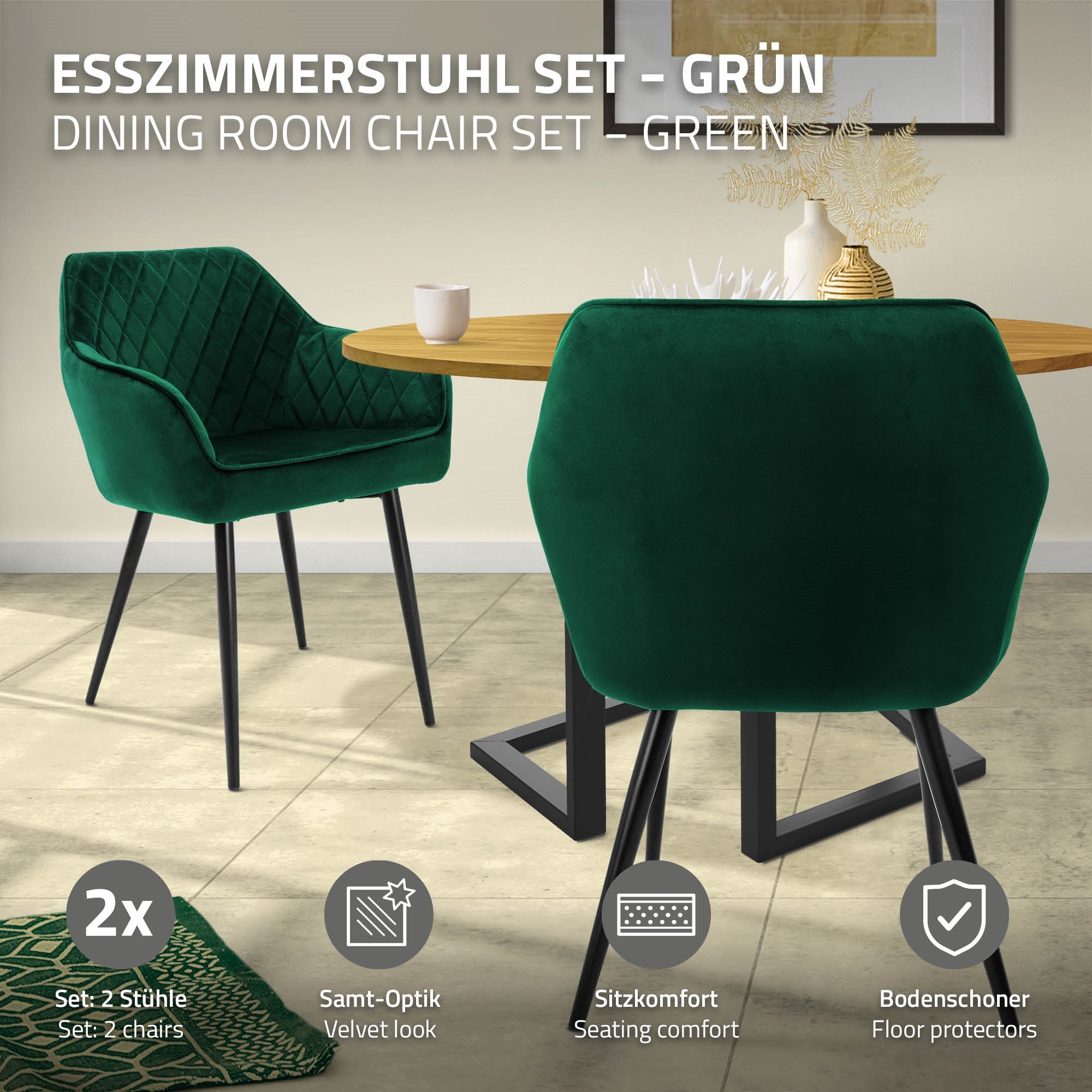 Ein grünes Esszimmerstuhl-Set mit zwei Stühlen und einem Tisch.