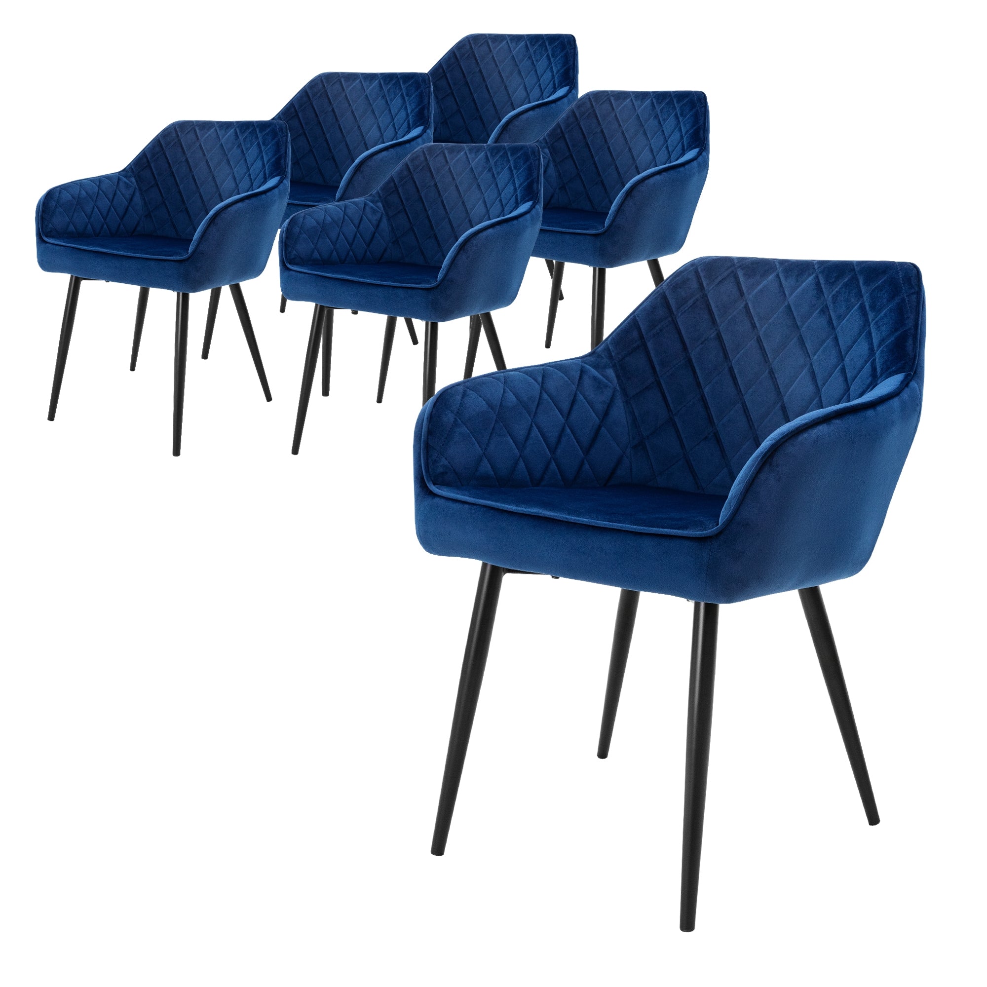 Sechs blaue Stühle mit gepolsterter Rückenlehne und schwarzen Beinen.